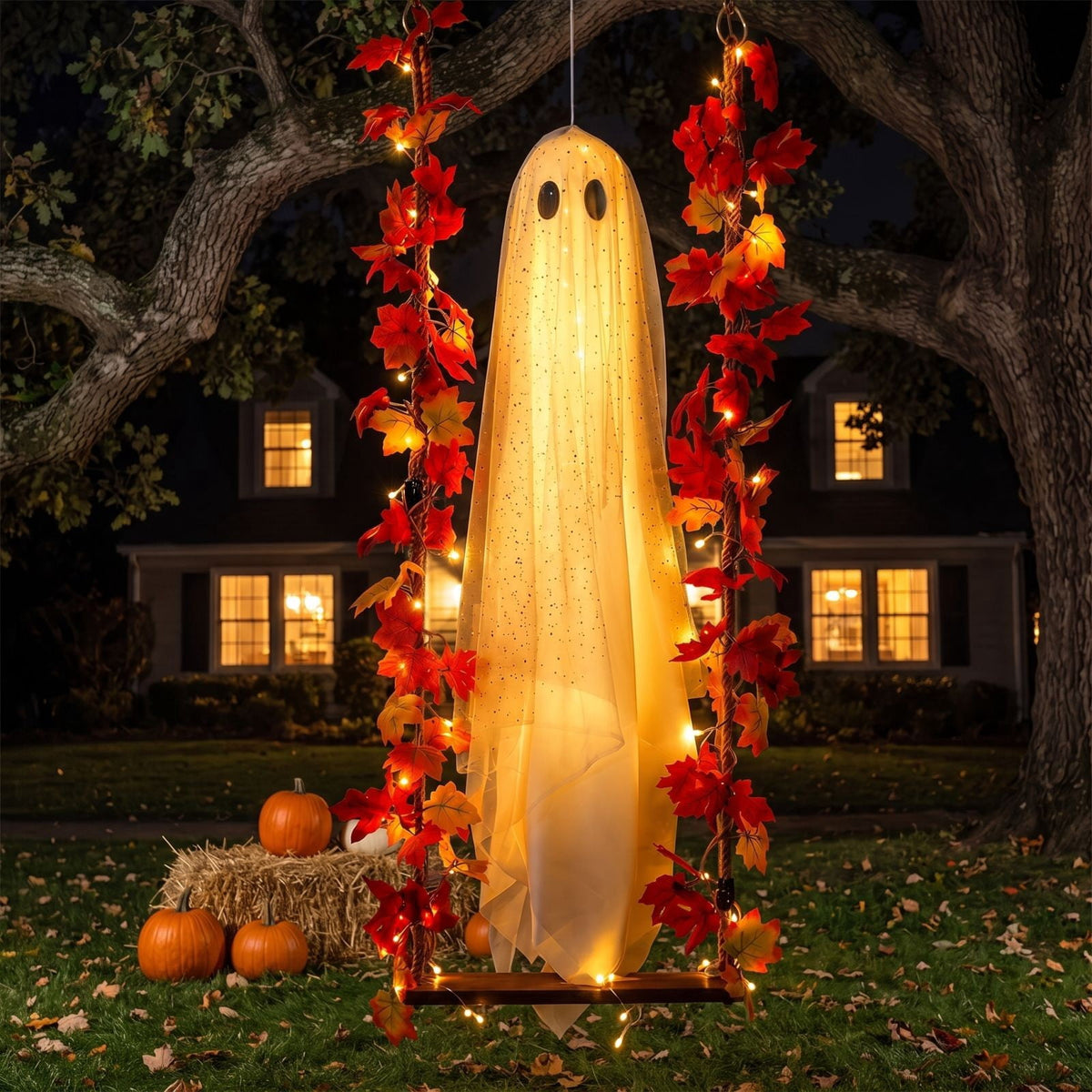 Outdoor Halloween Decorations Large Hanging Ghost and Witch Broom with Lights, Spooky and Cute Ghost Decor for the Front Porch, Yard