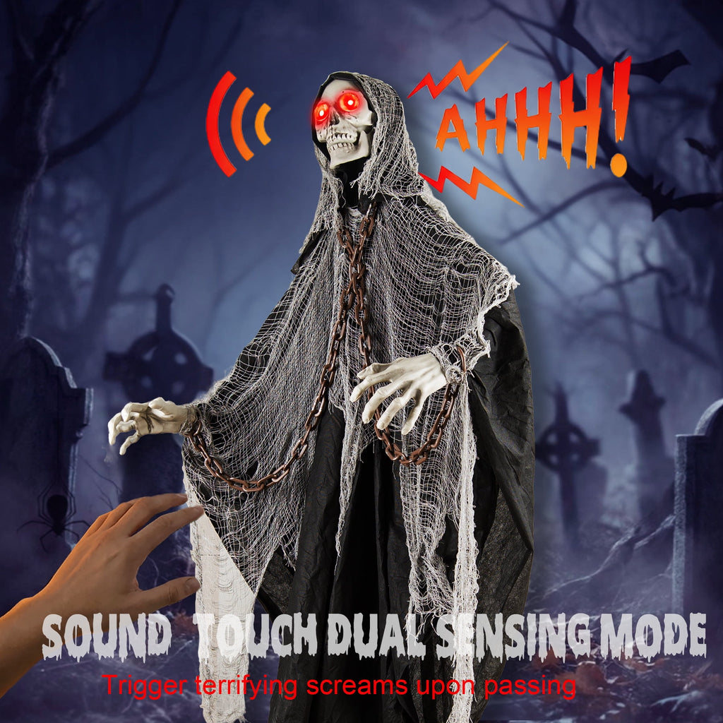 Magotan 6ft Halloween Outdoor Skeleton Ghost Decorations, Sound Controlled Swinging Scary Skeleton Ghost Halloween Decoration for Outdoor Garden Porch Yard Decor,Red
