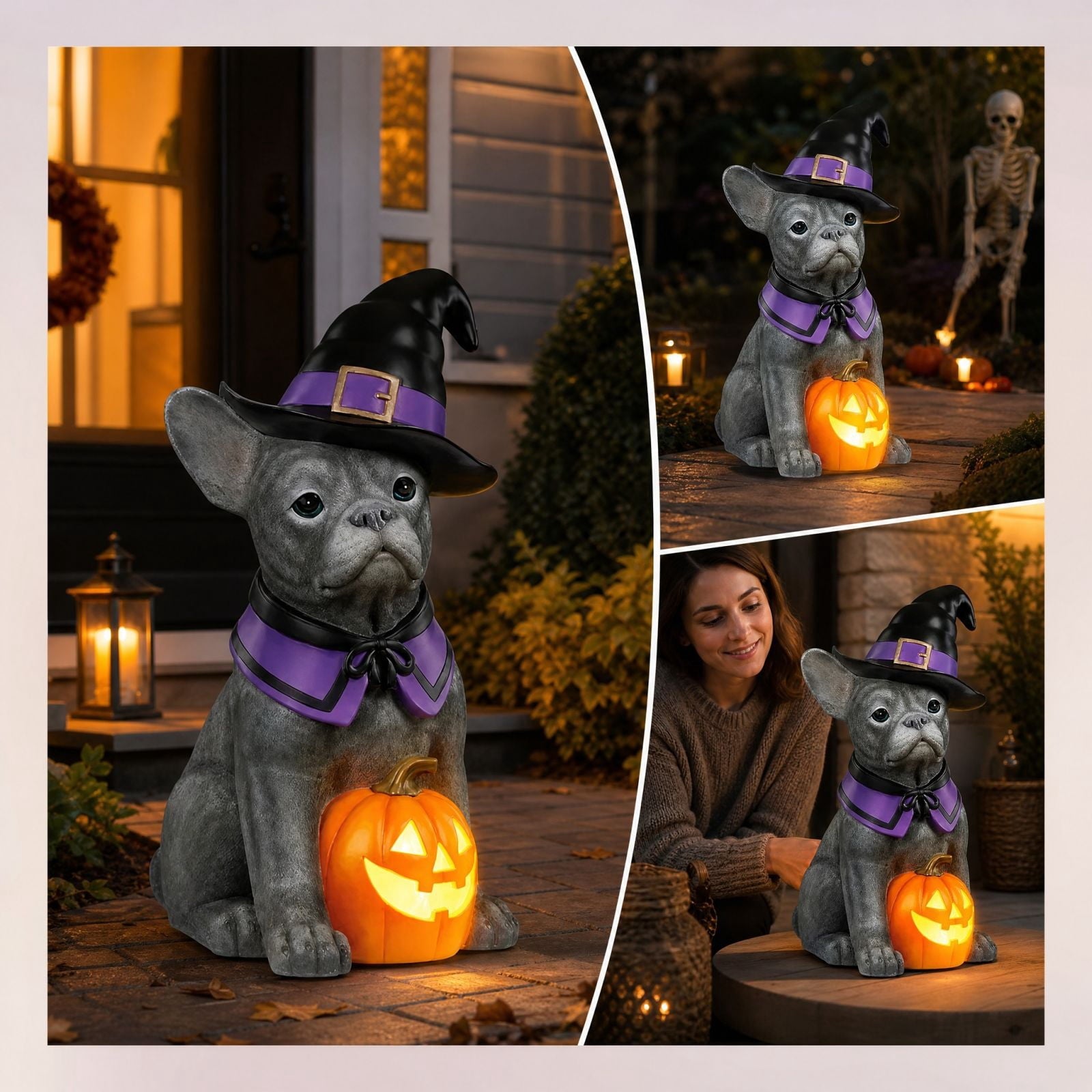 Halloween Dog Greeter - Frenchie 7.9in Resin Witch Dog with Light-Up Pumpkin, Spooky Fall Decor, Indoor Outdoor Tabletop Decoration
