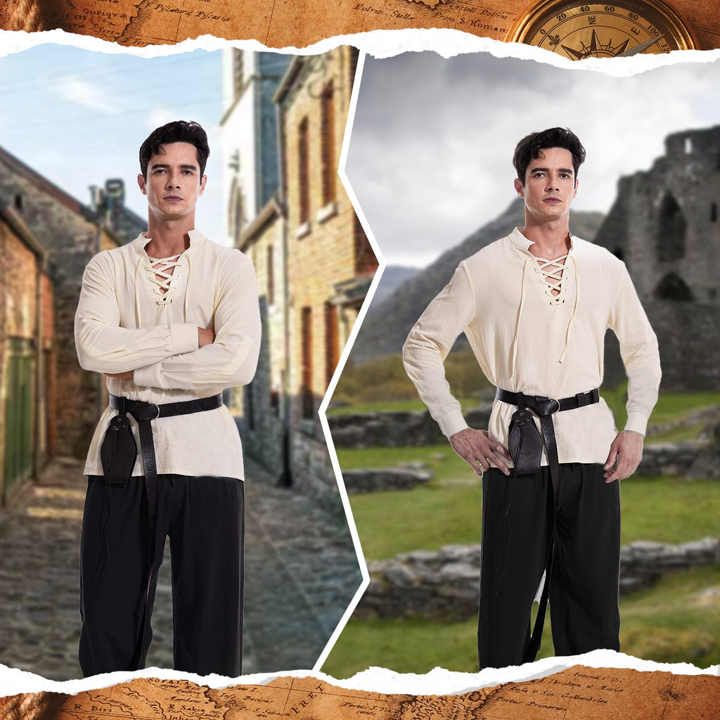 WASFDN 5 Pcs Men's Renaissance Costume Medieval Pirate Shirt Ankle Banded Pants Viking Costume Accessories Set,Style 2,M
