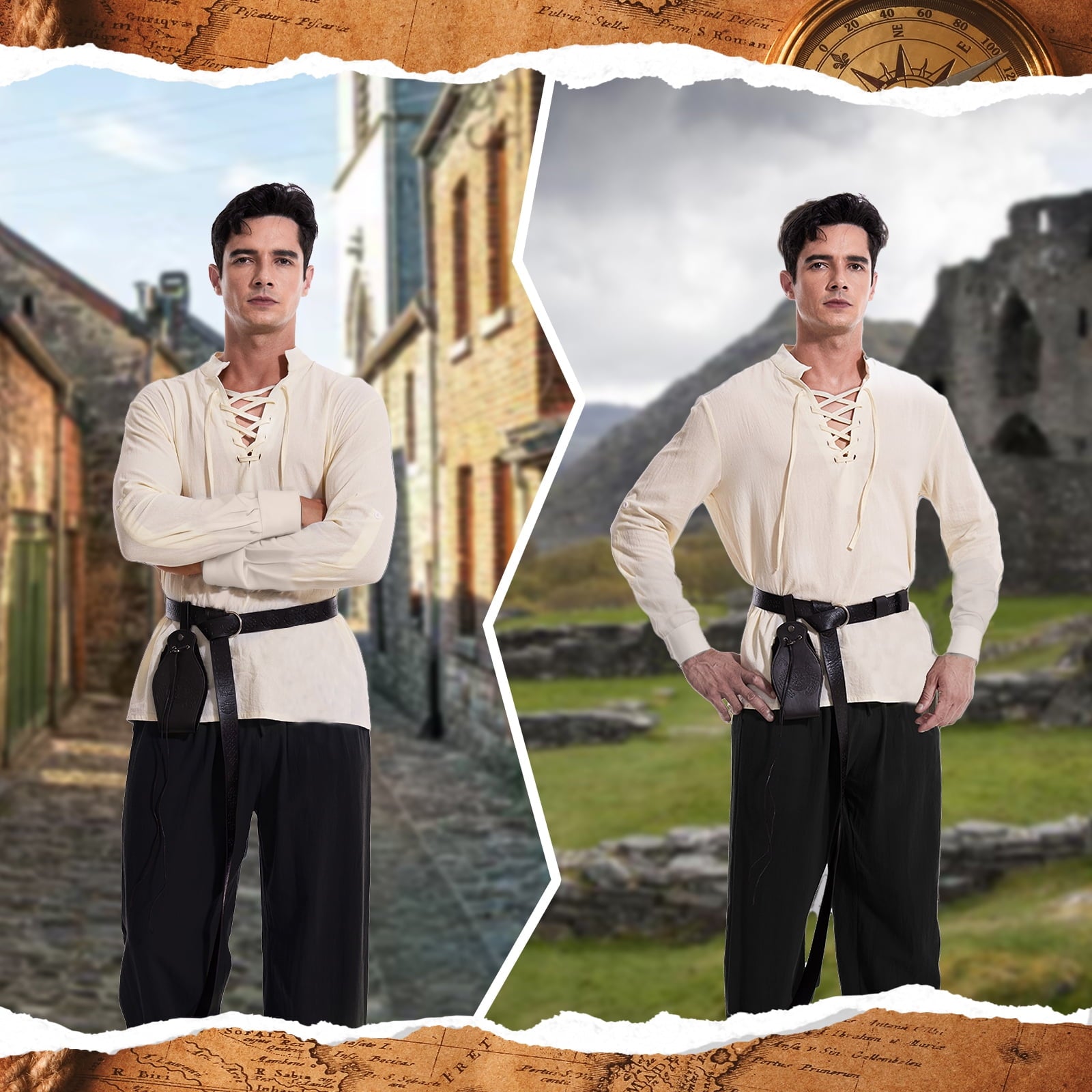 WASFDN 5 Pcs Men's Renaissance Costume Medieval Pirate Shirt Ankle Banded Pants Viking Costume Accessories Set,Style 2,M