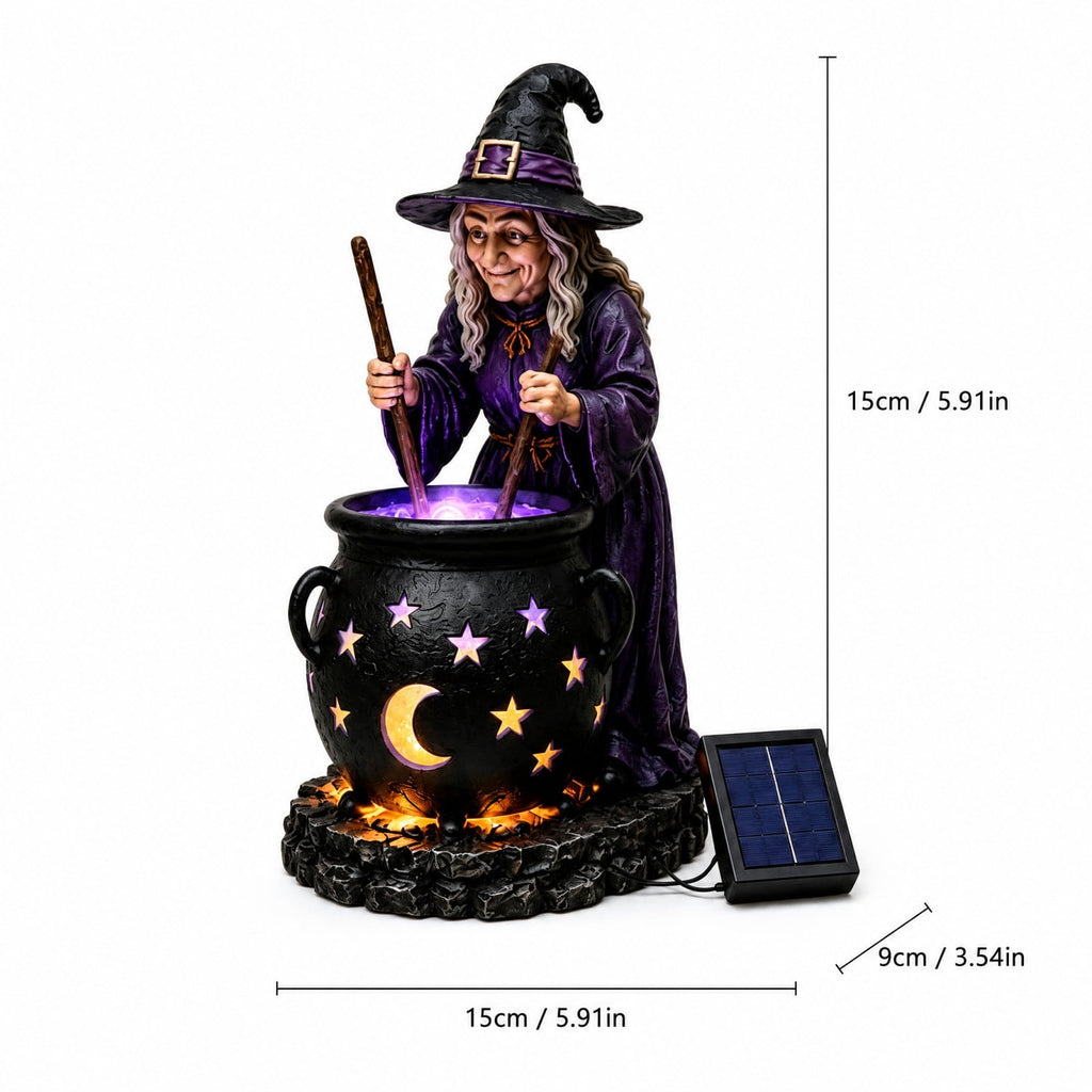 Halloween Witch Cauldron Solar Garden Light, Outdoor Resin Witch Figurine Holiday Decorations for Garden Patio Lawn Pathway Fall Party