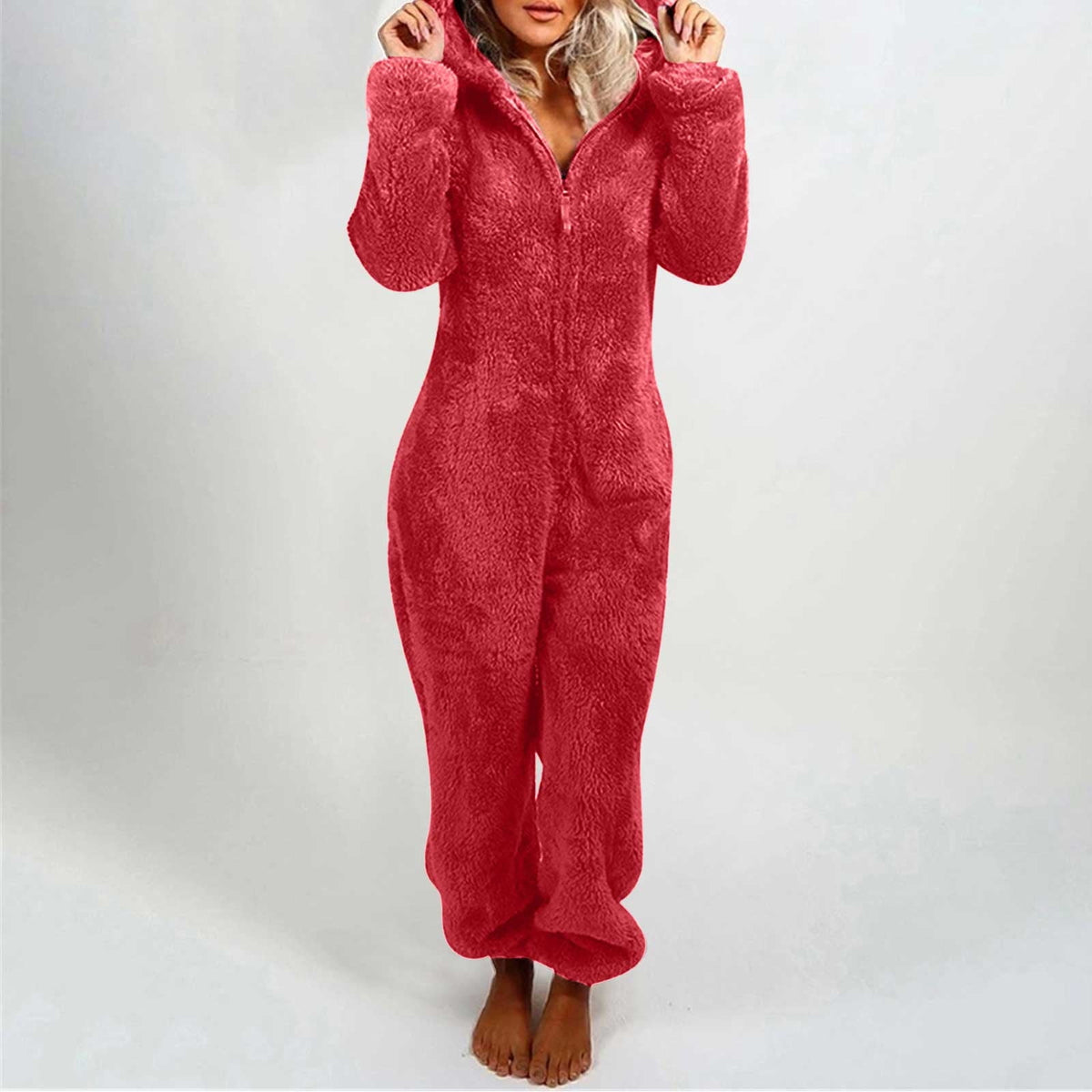 QATAINLAV Sherpa Fleece Jumpsuit for Women Winter Warm Fuzzy Onesie Pajamas Cute Cat Hooded Romper Casual Zip Up Overalls Sleepwear Black XL