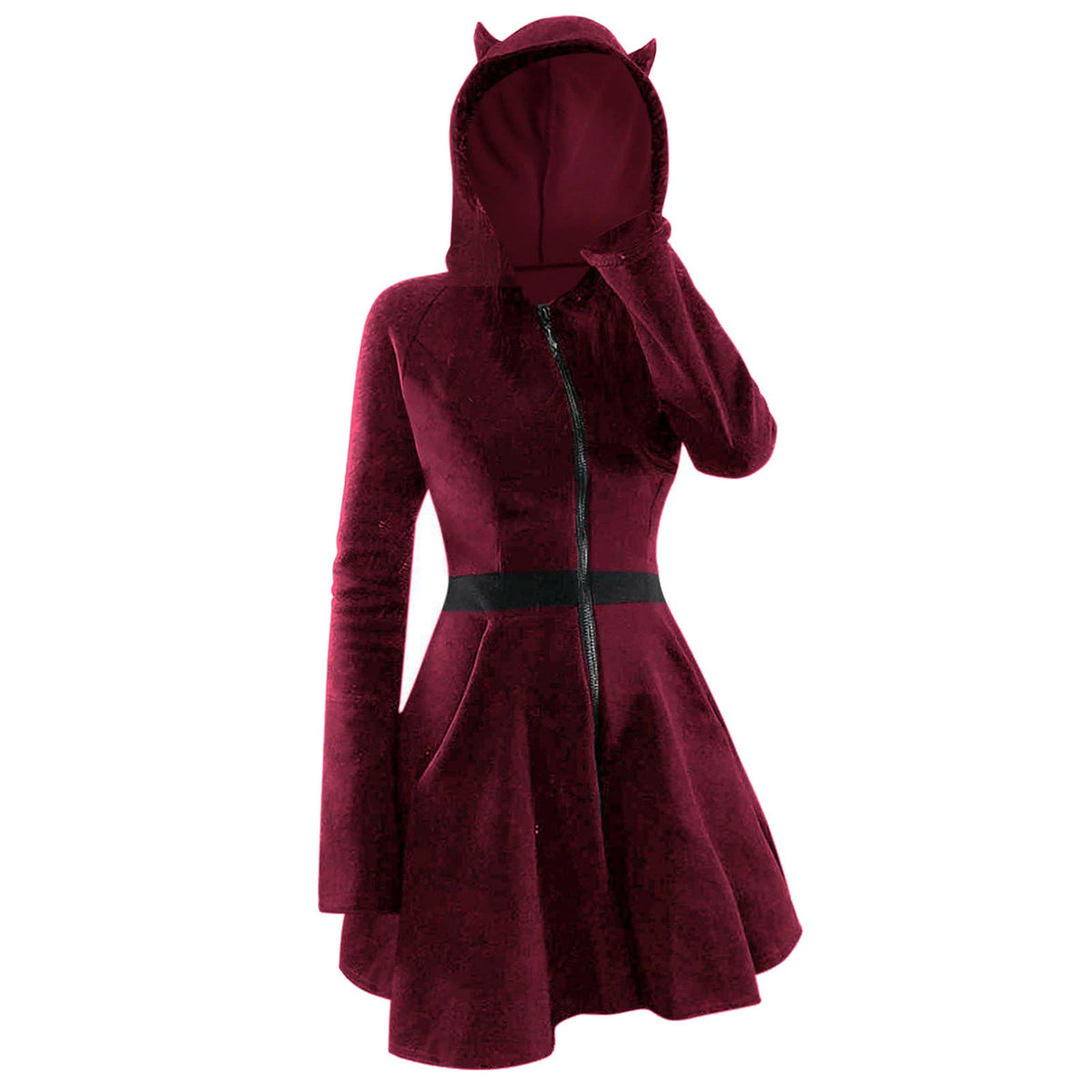QATAINLAV Womens Gothic Hoodies Dress Fall Winter Long Sleeve Velvet Sweatshirts Cute Cat Ear Hooded Zip up Dresses with Pockets, Wine, M