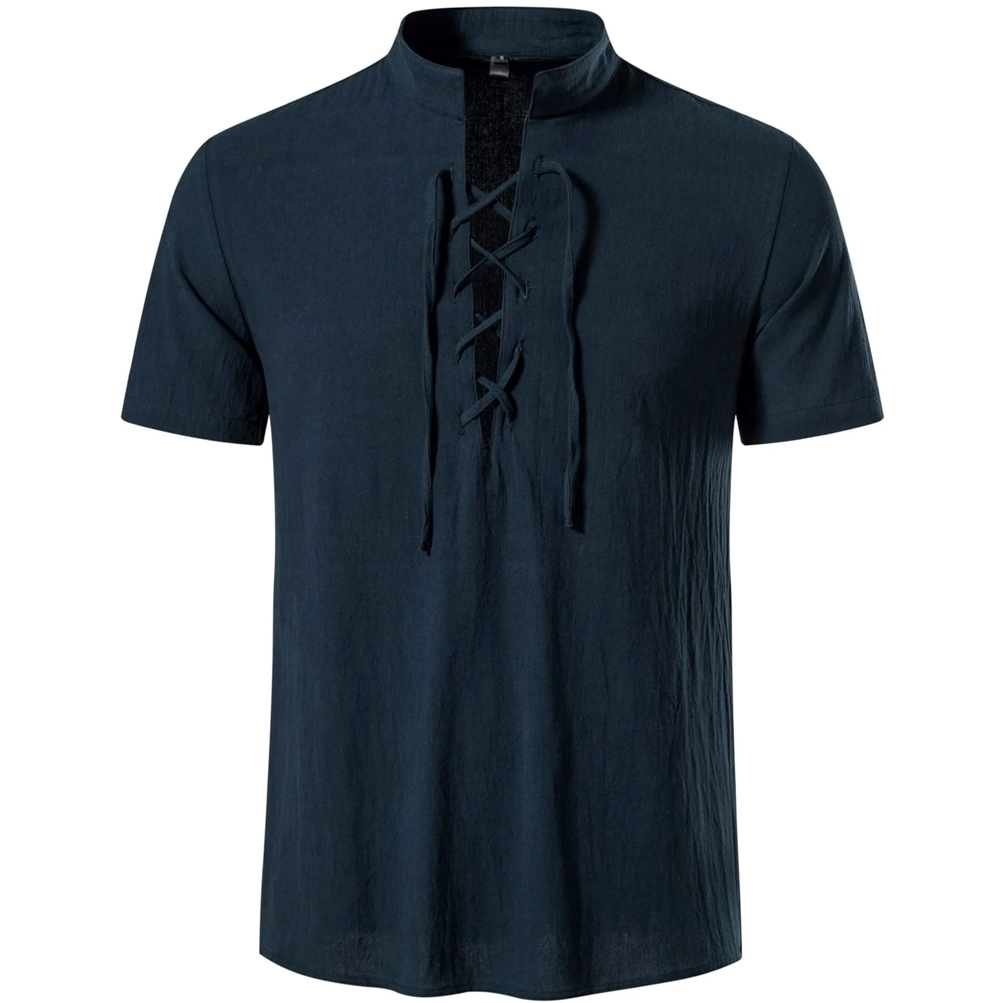 HAOMEILI Men's Cotton Linen Lace-Up V-Neck Short Sleeve Shirt