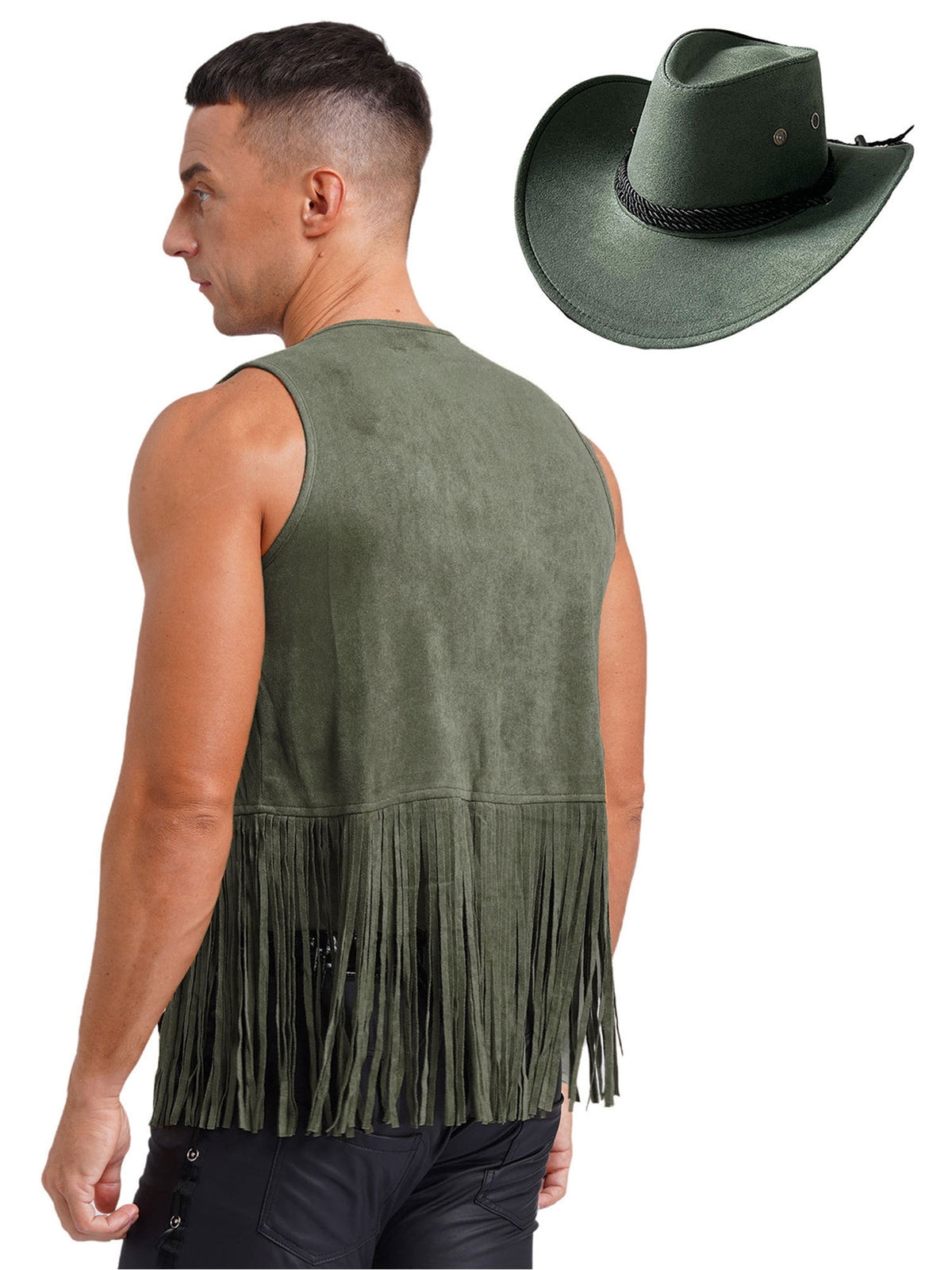 TiaoBug Men's Western Cowboy Cosplay Costume Tassel Rivets Waistcoat with Wide Brim Hats Sets Black L