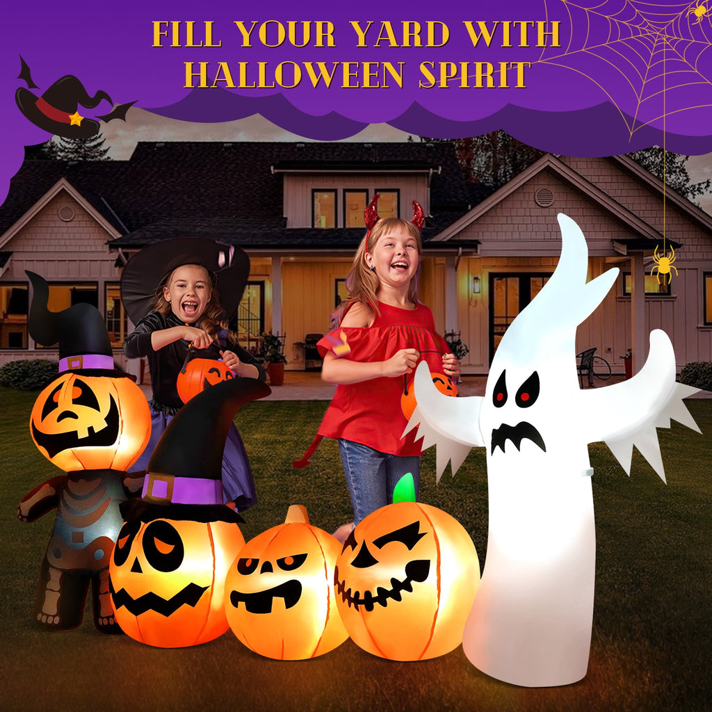 Yexmas Halloween Inflatables, 7 FT Long 4 Pumpkins with Cute White Ghost Outdoor Decorations, Built-in LEDs, Blow Up Party, Waterproof Yard, Garden, Lawn Decor