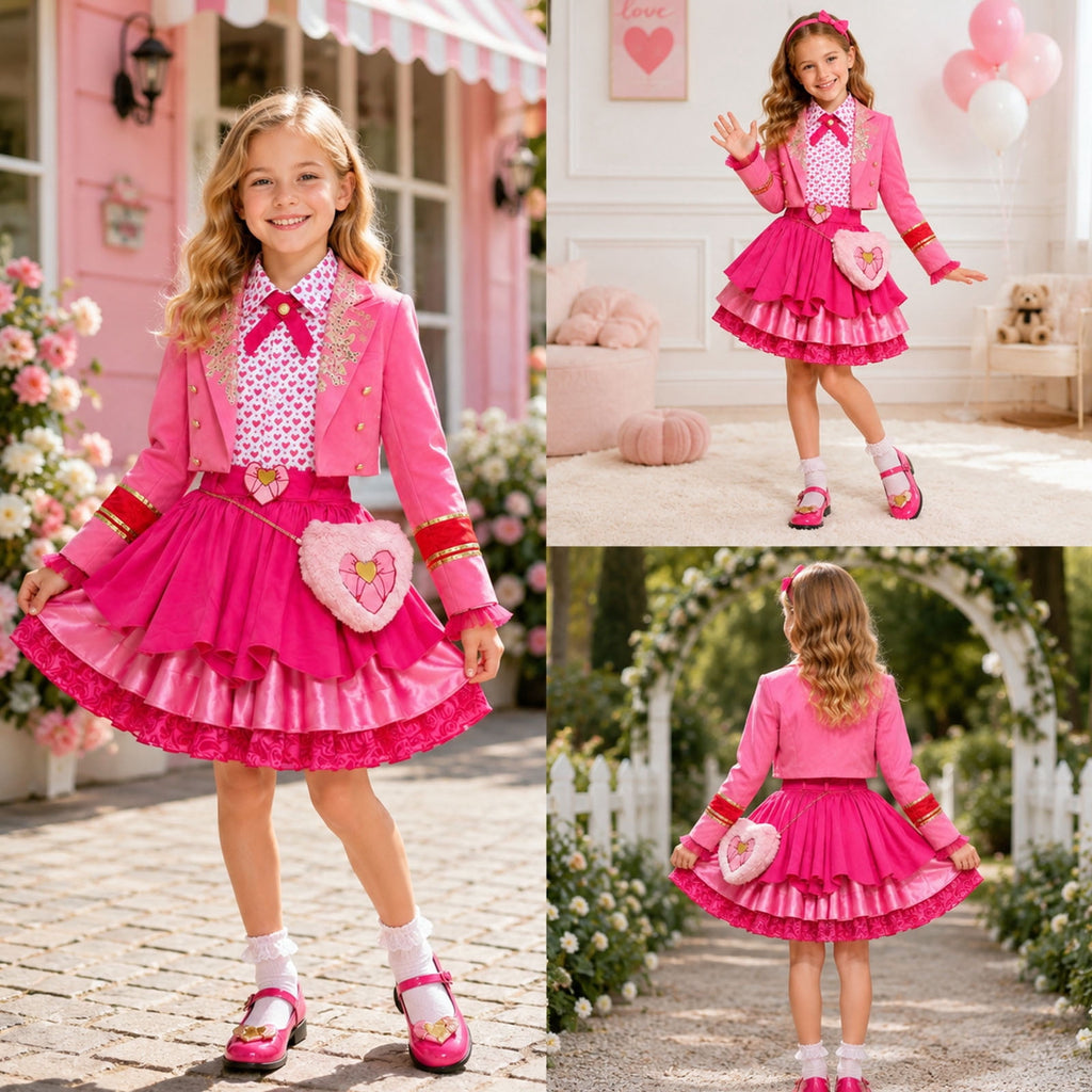 Satmonnus Women's Pink Princess Costume Set, Adult Halloween Cosplay Outfit with Heart Print Jacket, Layered Skirt & Fuzzy Bag, Fancy Dress Up for Themed Parties