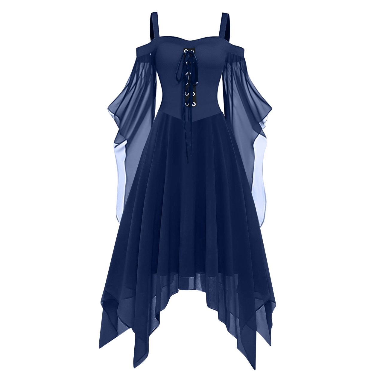 Women Gothic Cold Shoulder Midi Dress, Sheer Flare Bell Sleeve Front Corset Irregular Witch Costume Dress, Adult Halloween Dark Aesthetic Vintage Formal Evening Cosplay Party Outfit(Navy-2/M)