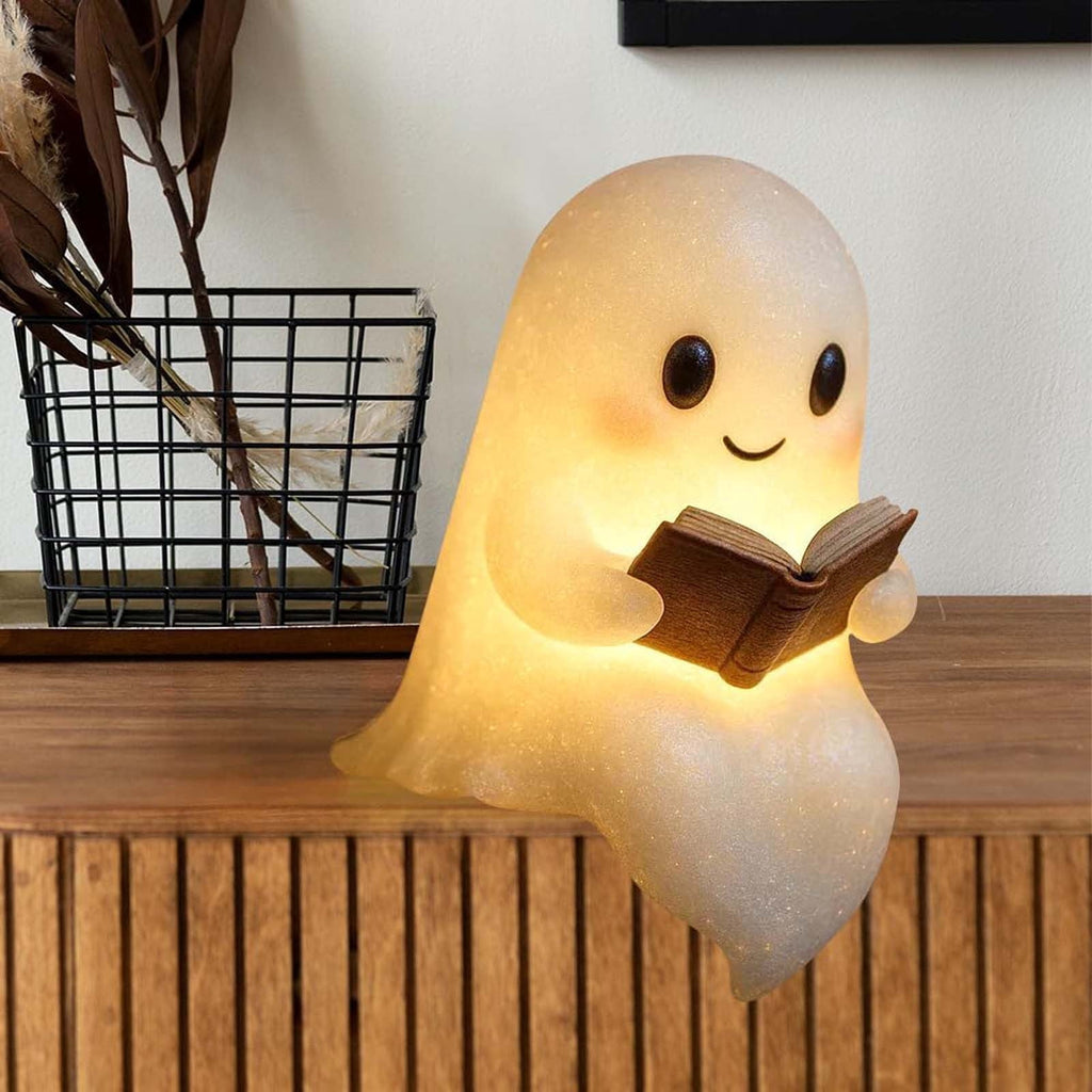 Fwttom Ghost Night Light, Halloween Lights Cute Ghost Reading Book Lamp, Halloween Decorations Indoor Light Up Ghost Statue Ghost Light for House Mantel Bedside