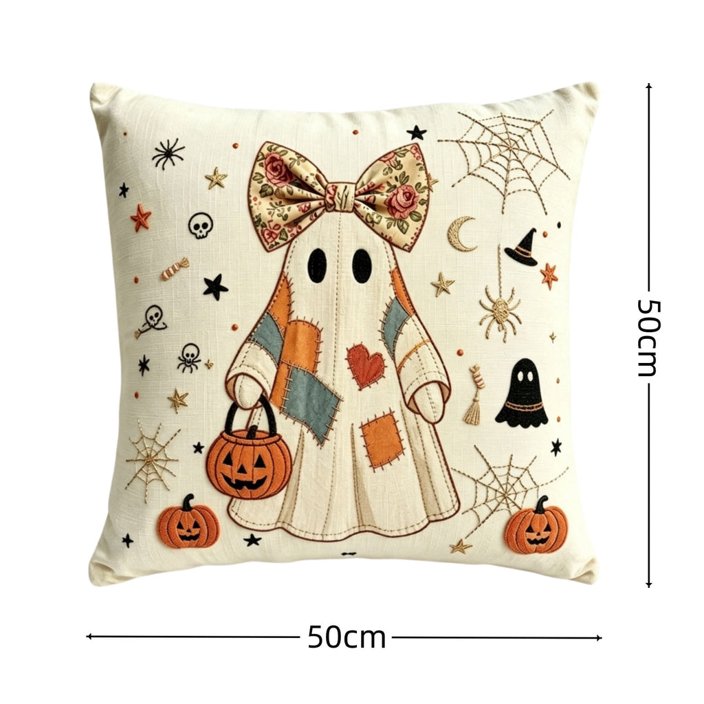 Halloween Ghost Reading Book Throw Pillow Cover, Spooky Library Bookshelf Skull Candlestick Decorative Pillowcase, Retro Halloween Cushion Cover
