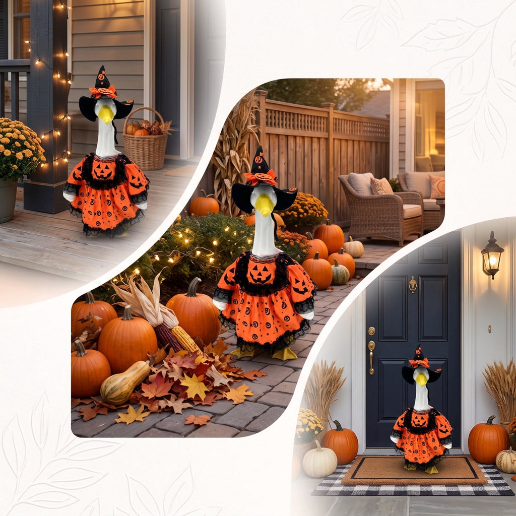 Thanksgiving Harvest Outfit for 23" Porch Goose, Goose Fall Theme Dress in White&Orange with Headwear Fall Harvest Decor for 23" Goose Outdoor Patio Yard Lawn Decoration