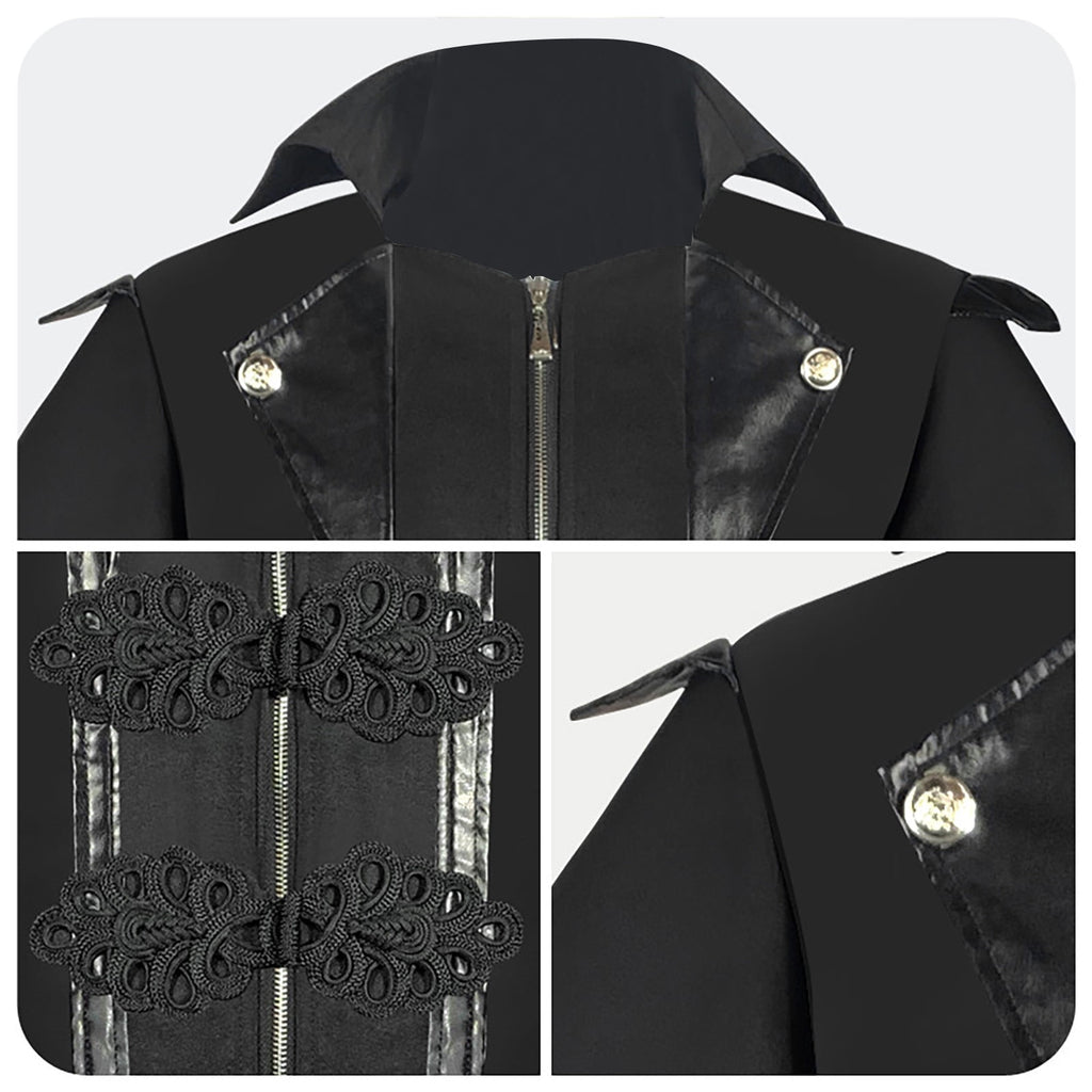 WREESH Mens Steampunk Long Trench Coat Gothic Vintage Tailcoat Jacket Lapel Zip Up Overcoat Leather Deco Lace Up Frock Coat Black