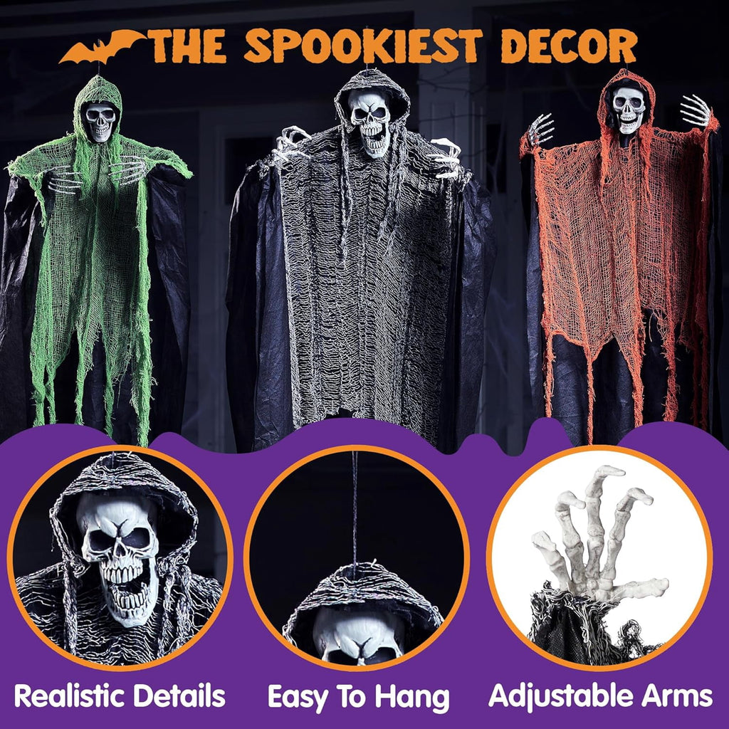 Joyfy 3 Pack Halloween Hanging Ghosts,Scary Skeleton Ghosts Grim Reapers Decorations for Halloween Indoor Outdoor Yard Home Decorations