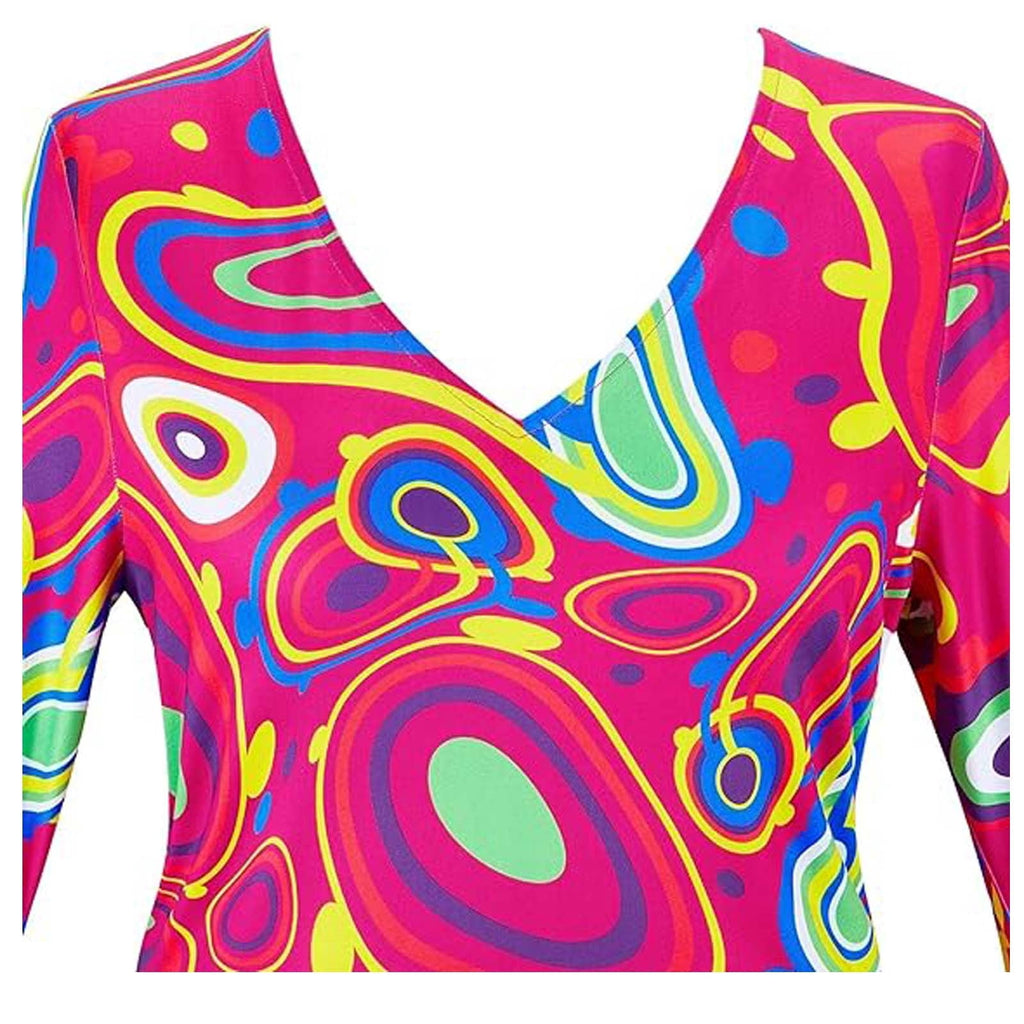Wensltd 70s Disco Outfit Women Halloween Dress Costume Hippie Clothes Long Sleeve V Neck