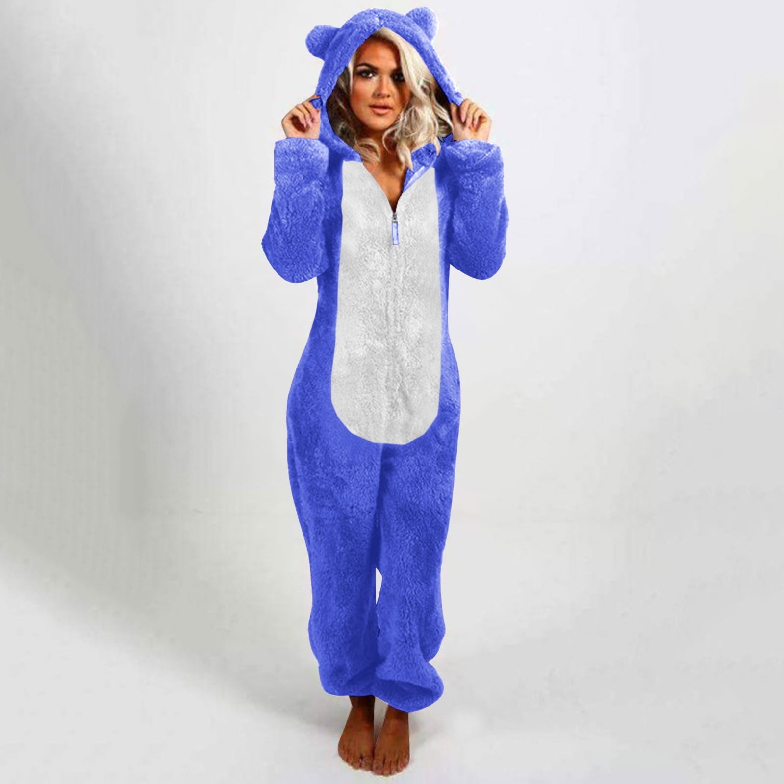 QATAINLAV Sherpa Fleece Jumpsuit for Women Winter Warm Fuzzy Onesie Pajamas Cute Cat Hooded Romper Casual Zip Up Overalls Sleepwear Black XL