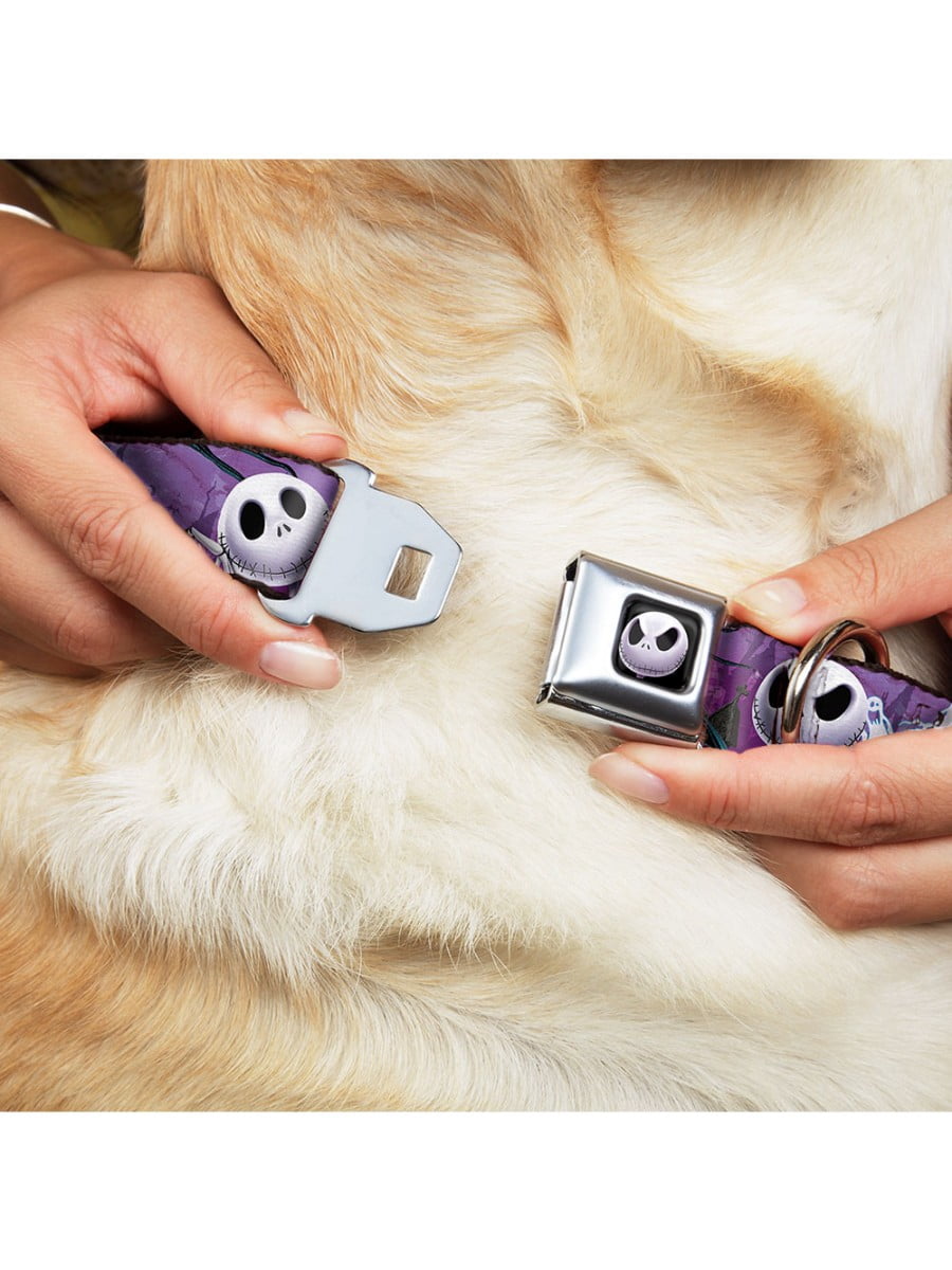 Disney Pet Collar, Dog Collar Metal Seatbelt Buckle, Jack Expressions Ghosts In Cemetery Purples Grays White, 11 to 16.5 Inches 1.0 Inch Wide