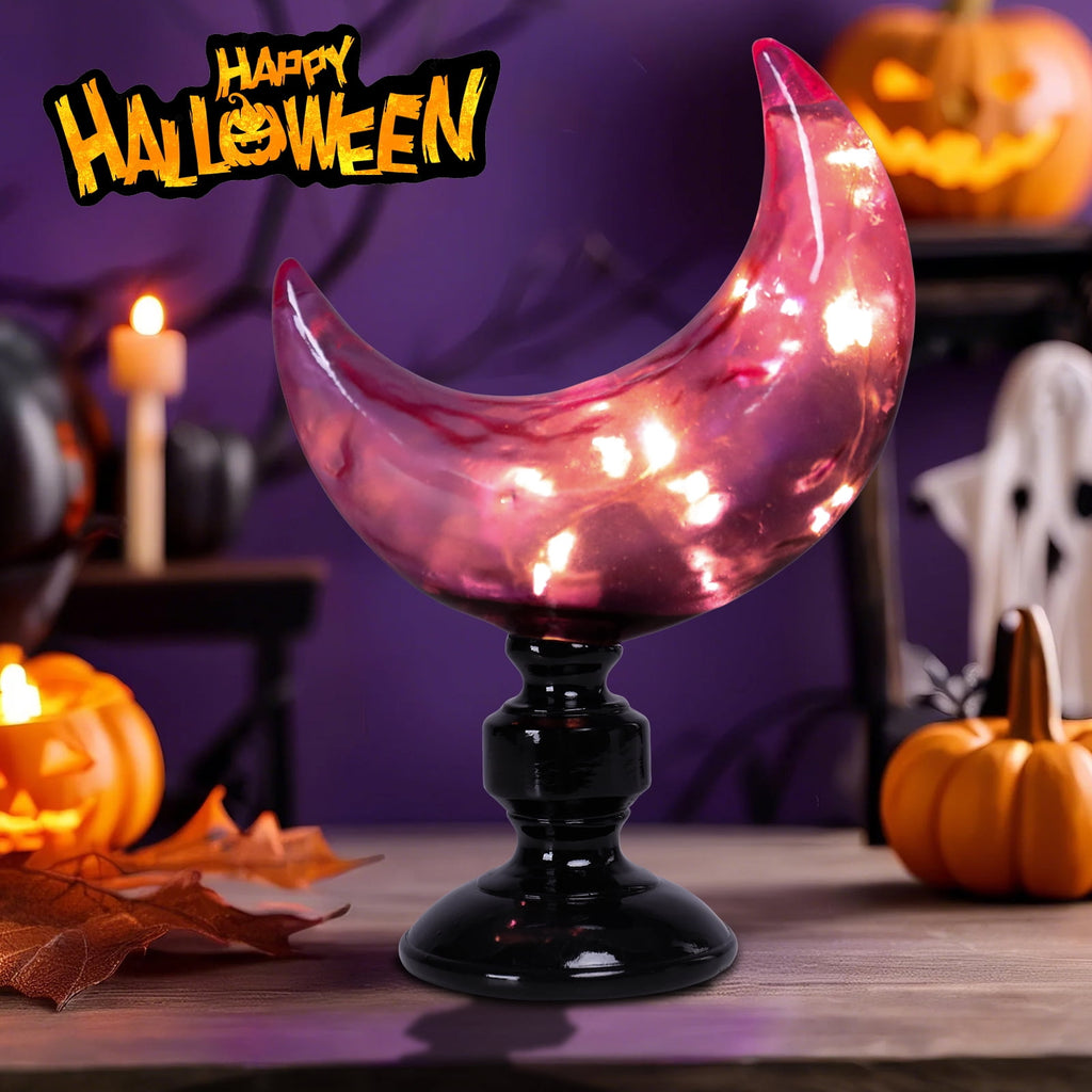 Halloween Purple Glass Moon Ornament with LED Lights, Swirled Pattern & Black Pedestal for Halloween Decor,Indoor Table Decor