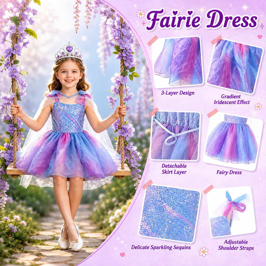 WonderStone Princess Dress for Girls, Fairy Costume Dress-Up with Luxury Accessories, Purple Tutu Outfit for Birthday Parties, Kids & Toddlers Ages 5-6