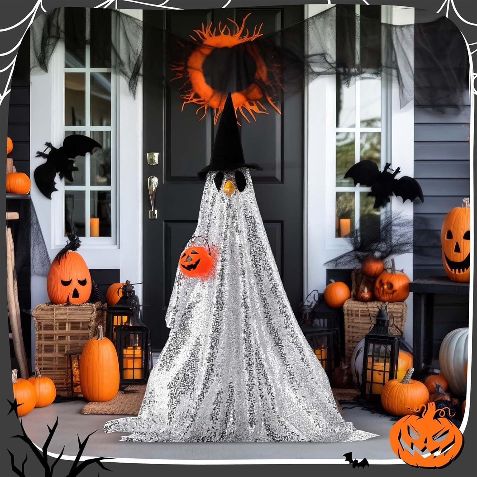 Bat Witch Hat Spiderweb Halloween Goose Clothes Fit 17/23In Cement Plastic Lawn Goose, Stylish Full Set for Outdoor Yard Patio Garden Seasonal Halloween Home Ornamental Arrangement