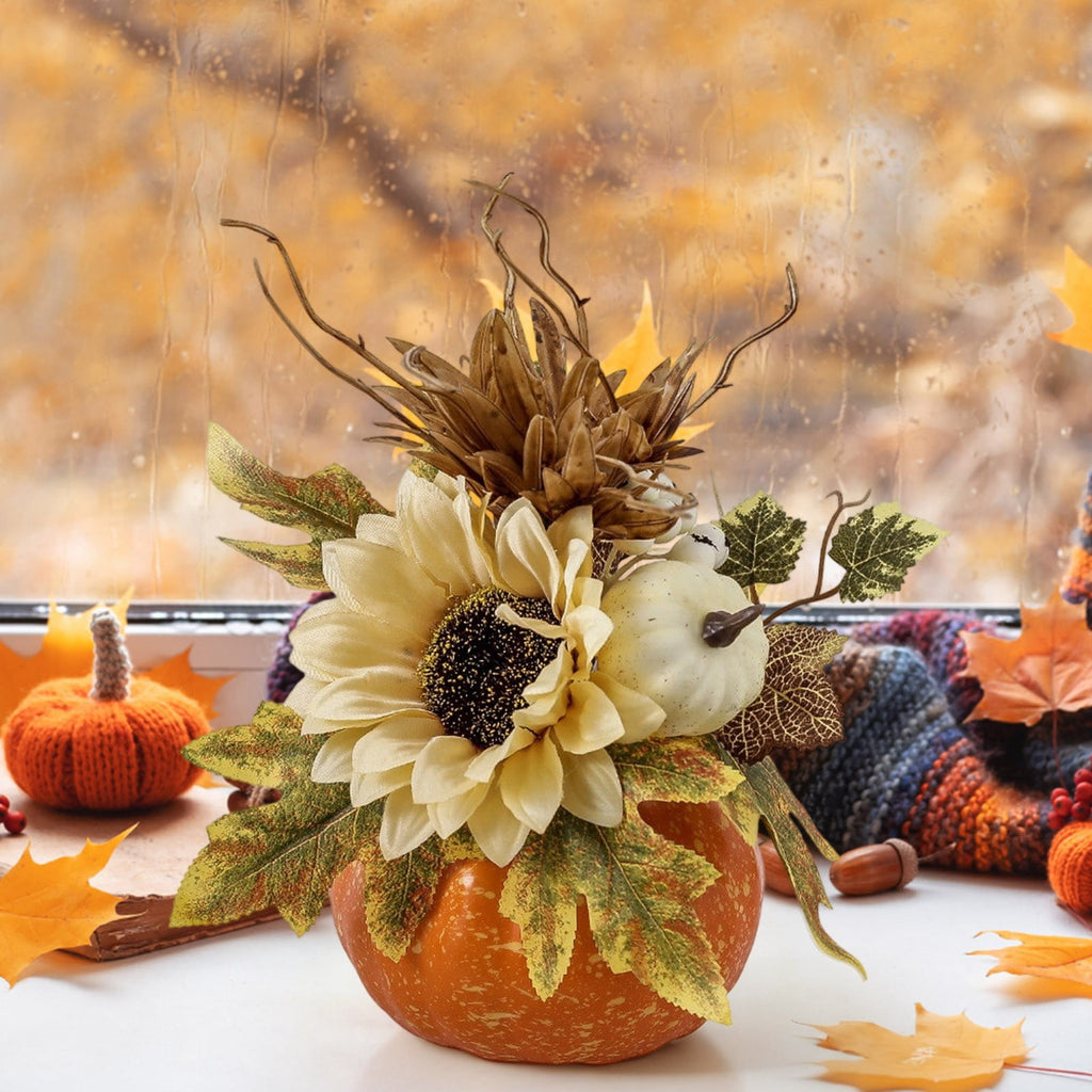 Taicans ‌12in Fall Decor Pumpkin Centerpiece - Lightweight Foam Halloween & Thanksgiving Table Decor with Sunflower & Maple Leaves - Autumn Festival Home,Café Decorations