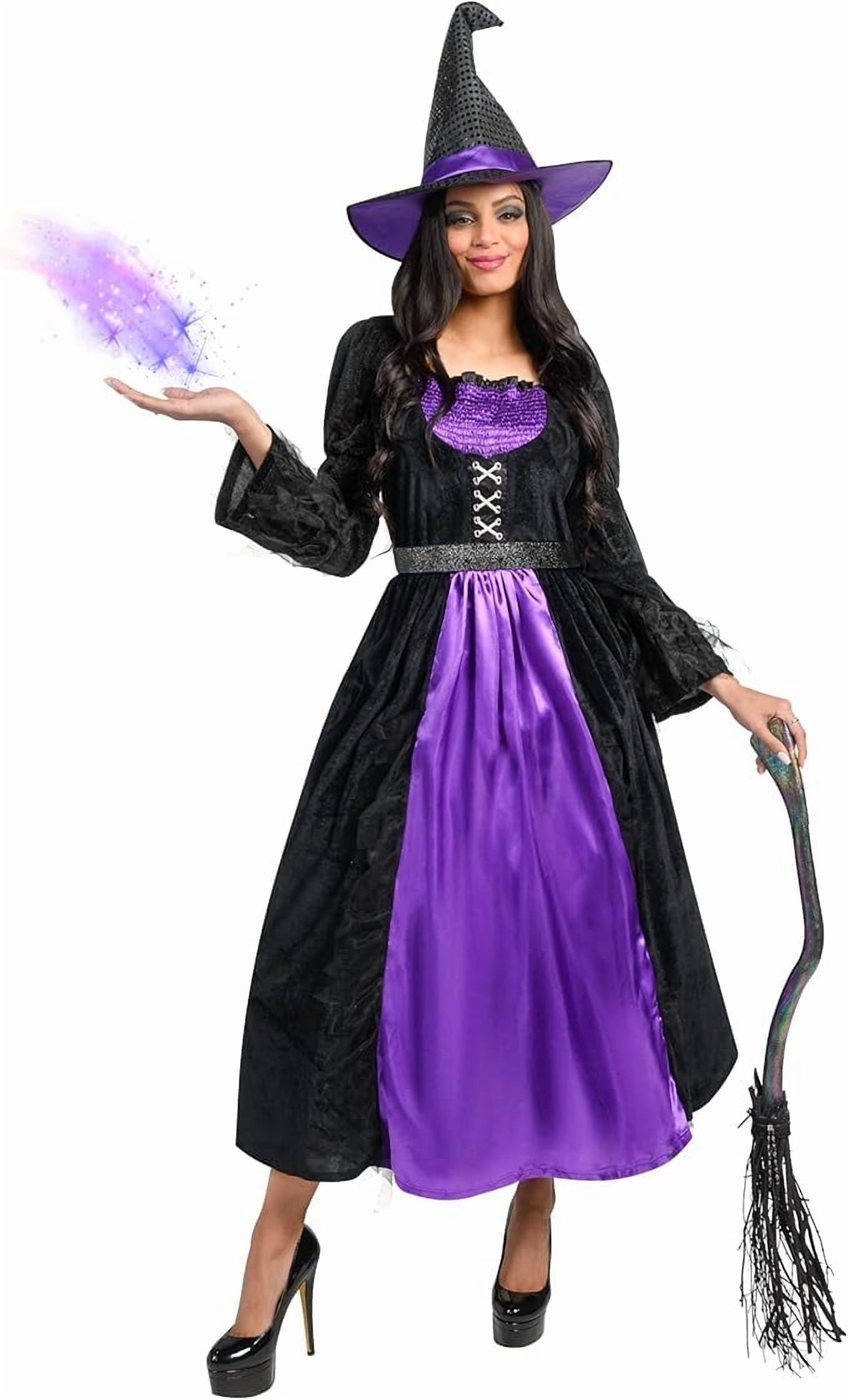 Joyfy Witch Costume for Women, Starry Witch Dress with Belt Hat for Adult Halloween Party Cosplay Dress up