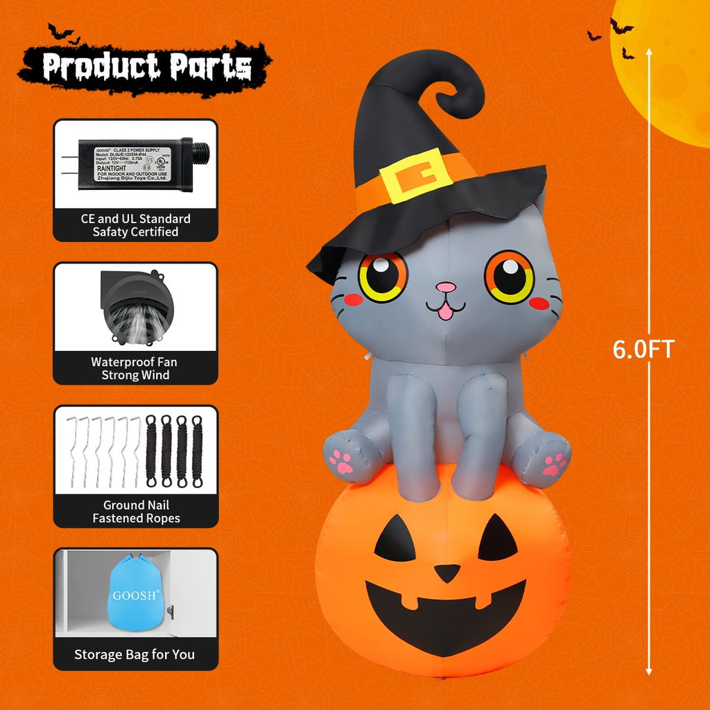 GOOSH Halloween Inflatable 6 FT Inflatable Halloween Cat Sitting on Pumpkin, Halloween Inflatable Cat Pumpkin with LED Lights, Funny Outdoor Halloween Decorations for Halloween/Holiday/Party