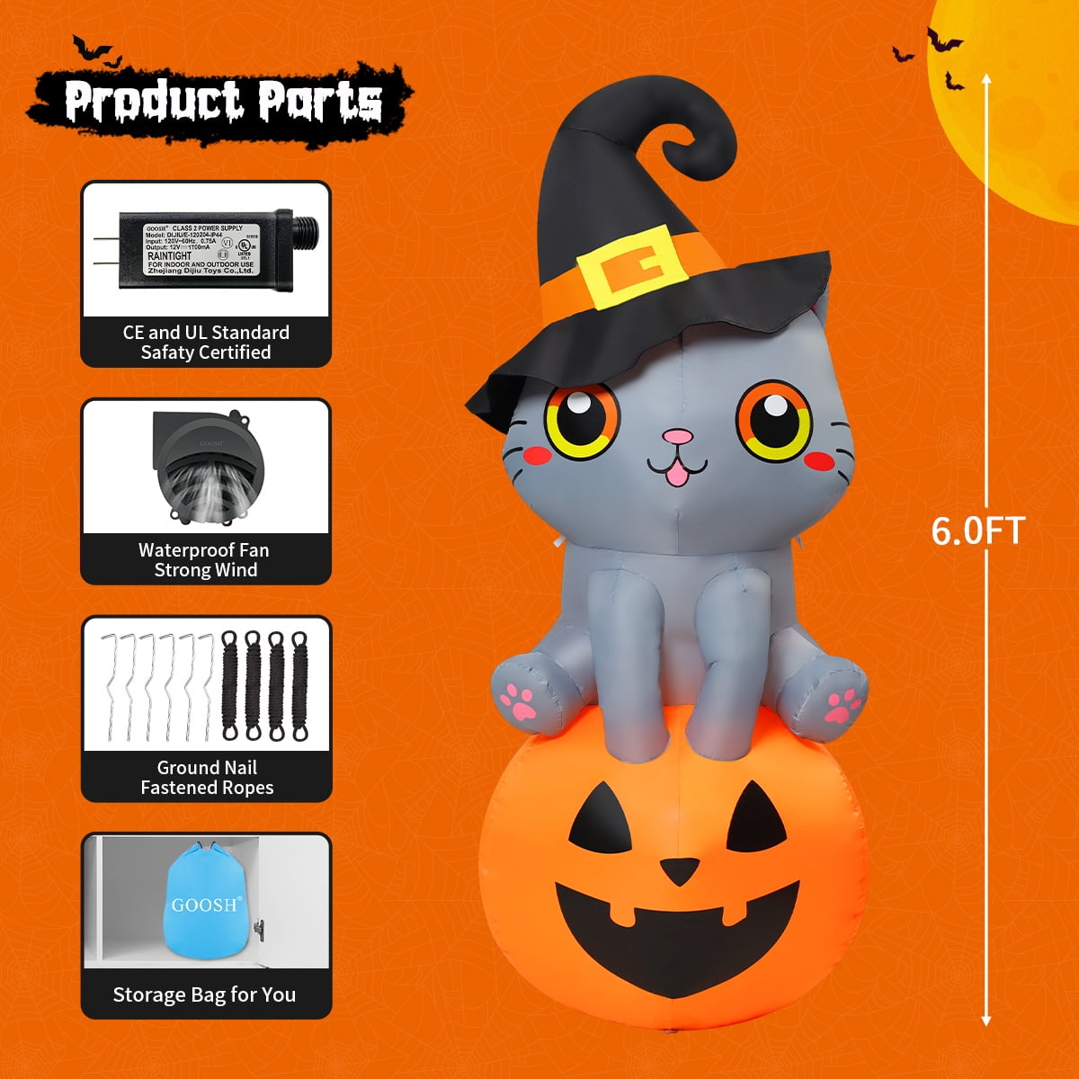GOOSH Halloween Inflatable 6 FT Inflatable Halloween Cat Sitting on Pumpkin, Halloween Inflatable Cat Pumpkin with LED Lights, Funny Outdoor Halloween Decorations for Halloween/Holiday/Party