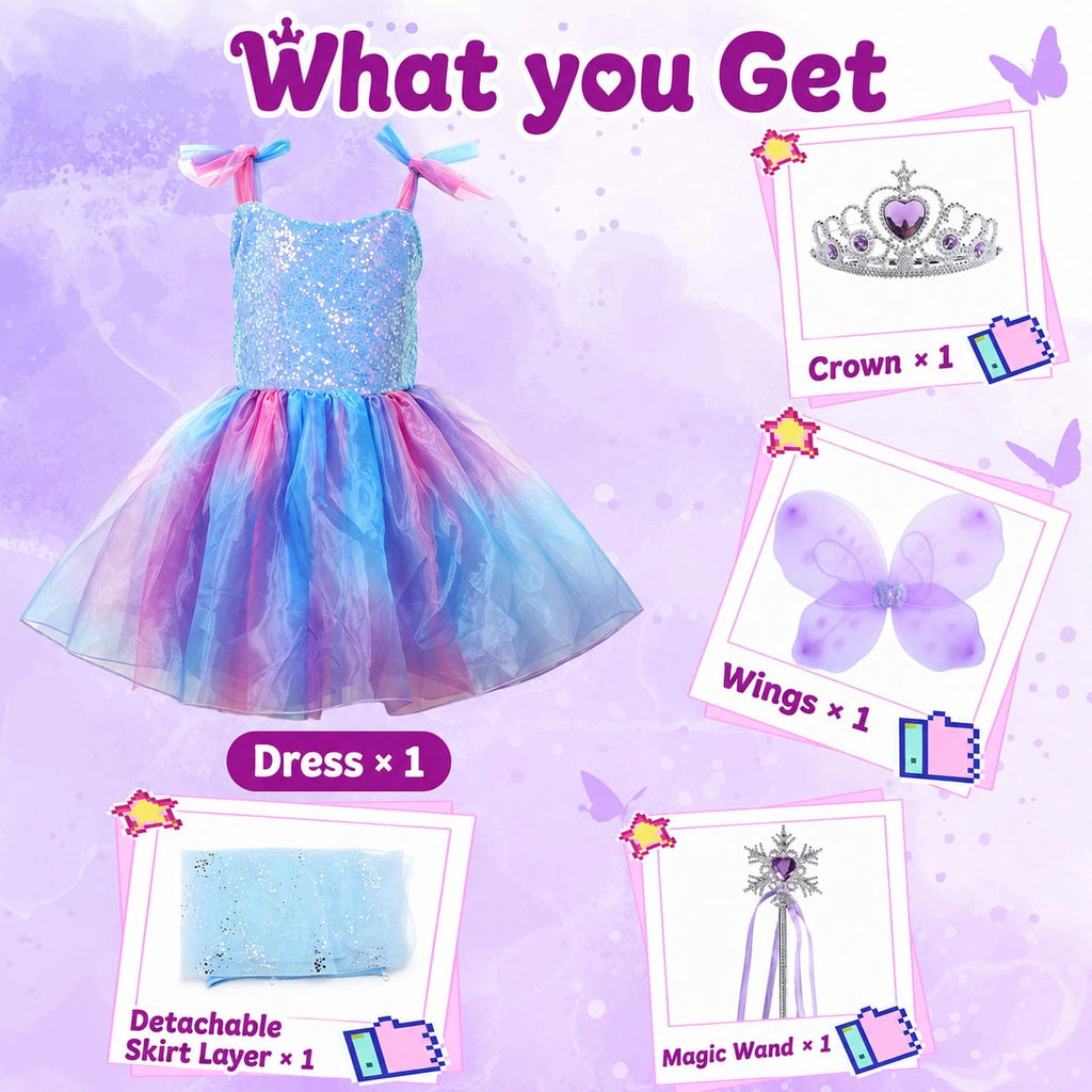 WonderStone Princess Dress for Girls, Light-Up Fairy Costume Dress-Up with Luxury Accessories, Purple Tutu Outfit for Birthday Parties, Kids & Toddlers Ages 5-6