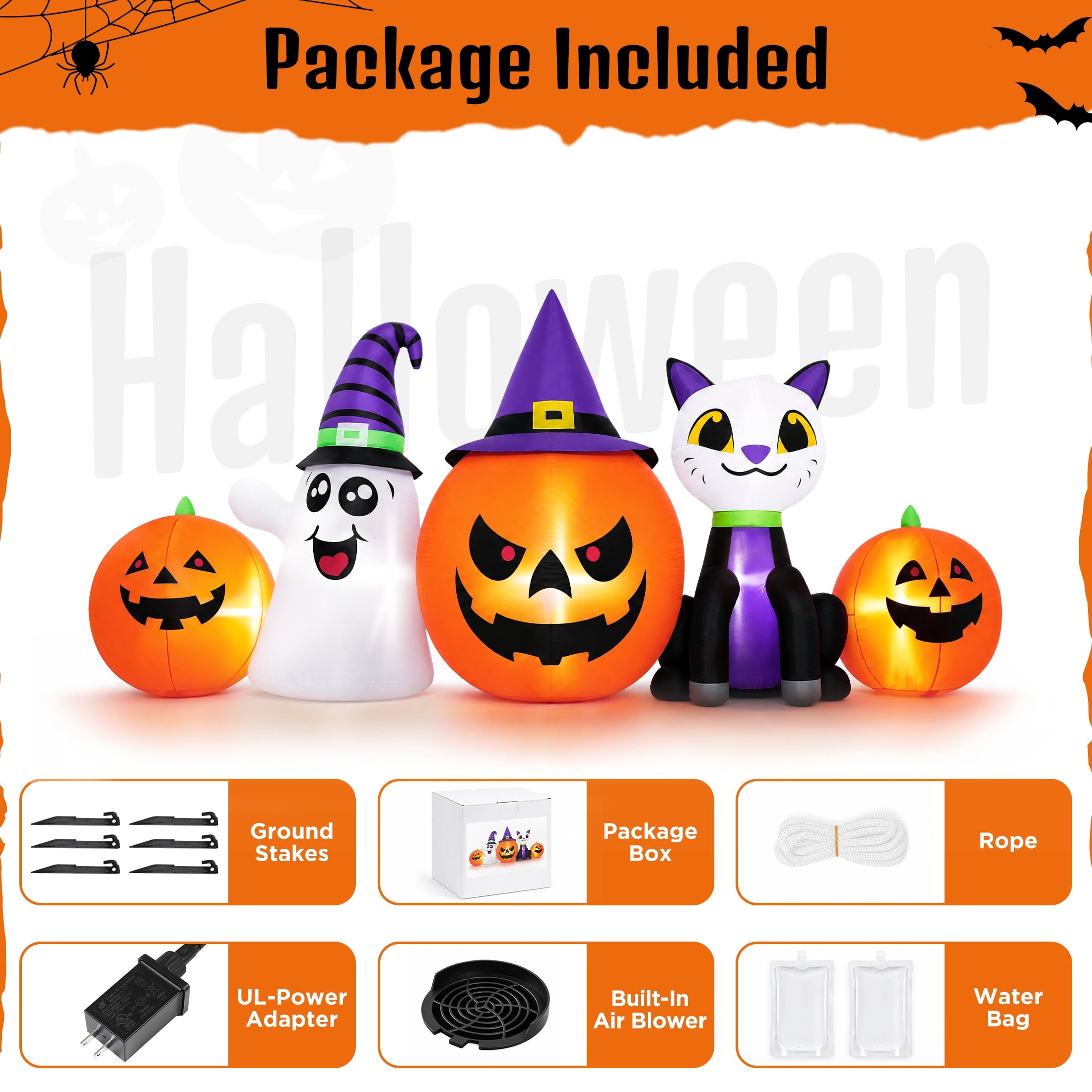 Firstness 8FT Halloween Inflatable Pumpkins Ghost Cat with Lights,Blow ups Outdoor Decorations for Yard