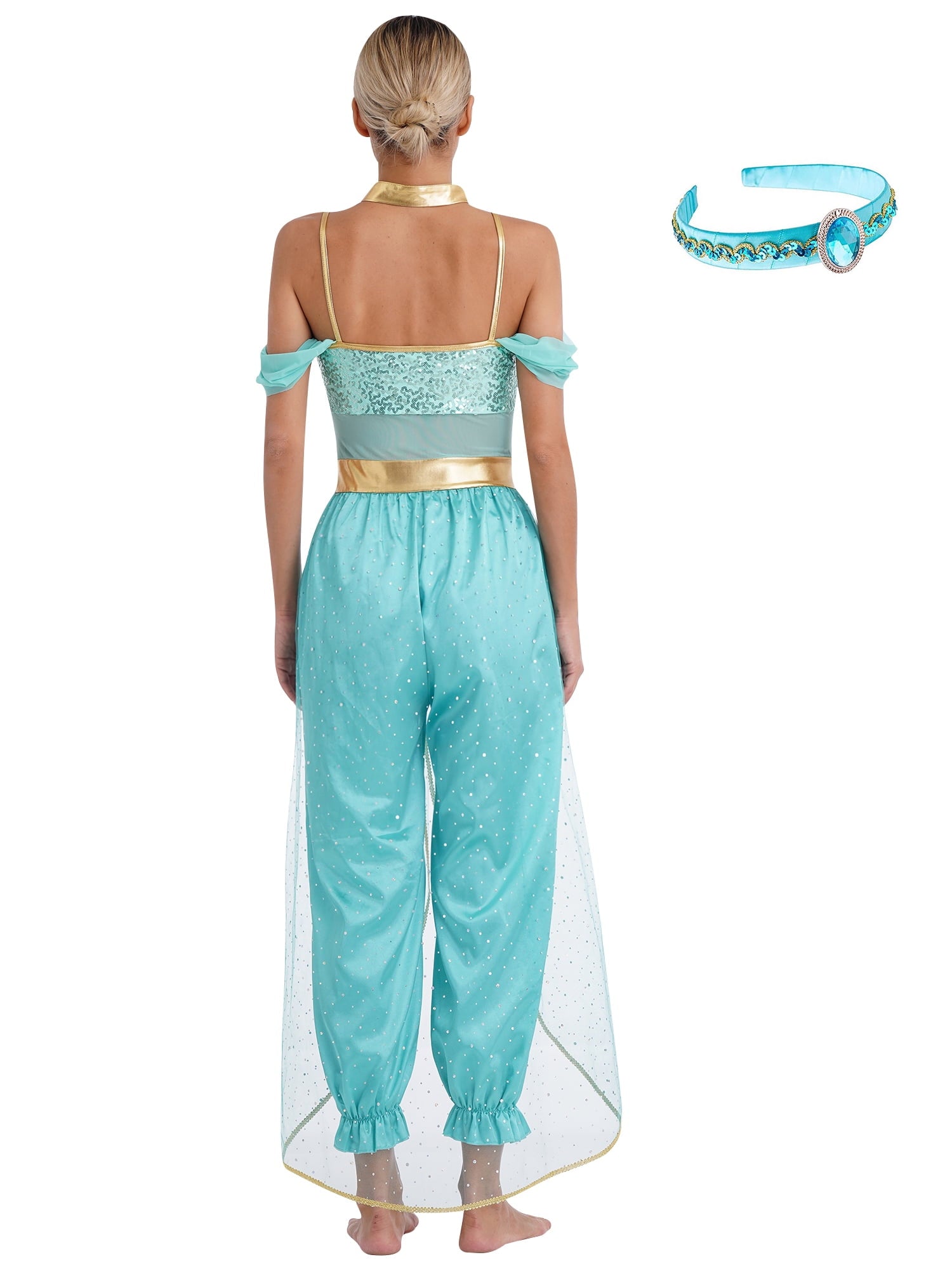 YiZYiF Women's Arabian Princess Dance Costume Halloween Party Fancy Dress Shiny Belly Dance Jumpsuit Turquoise B M