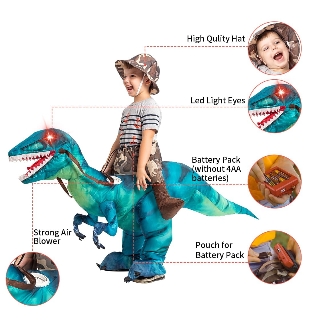 GOOSH 48 inch Inflatable Dinosaur Costume for Kids, Funny Halloween Costumes for Boys Girls Kids Inflatable Costume, Blow Up Dinosaur Costume for Halloween Party Cosplay