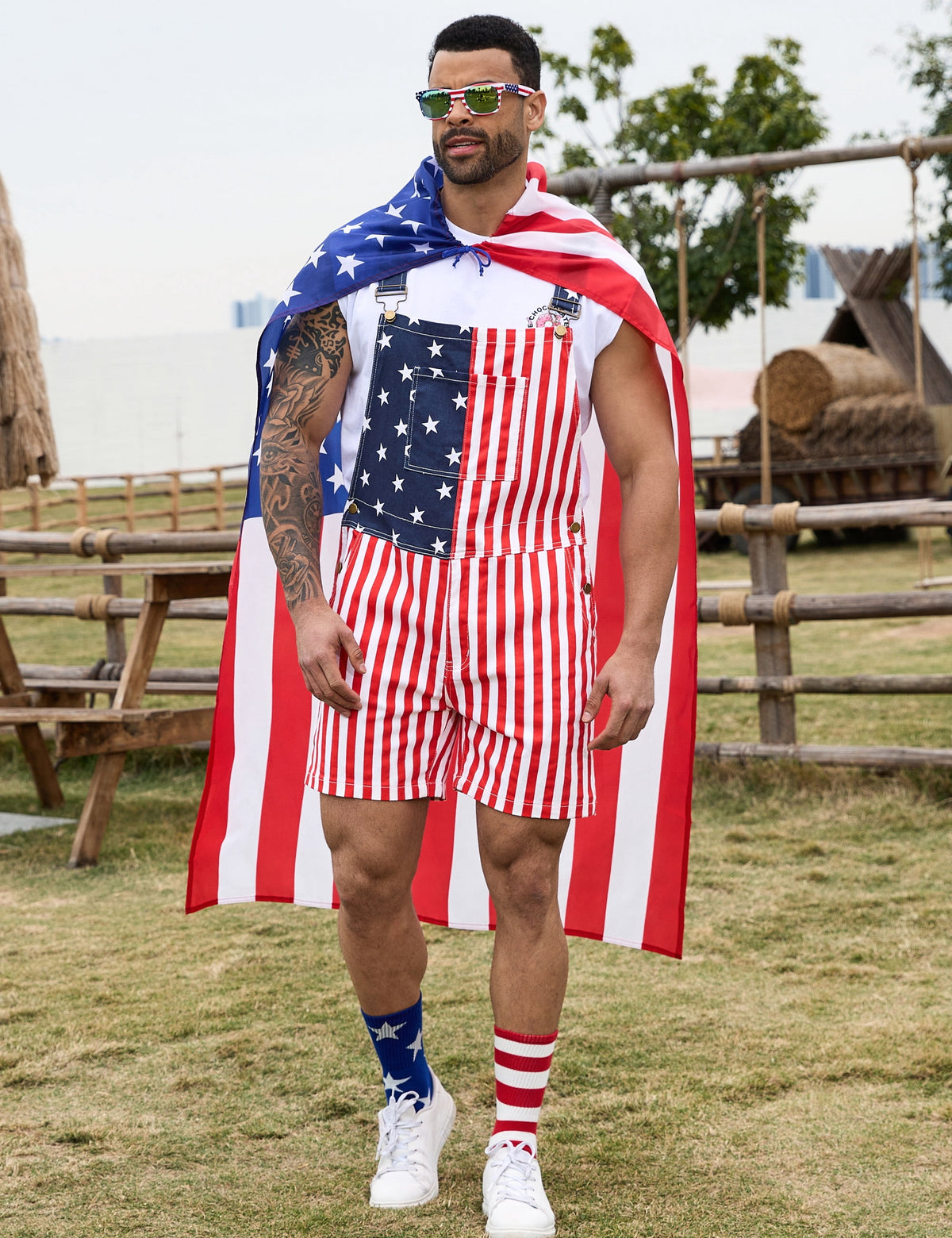 250th Anniversary American Flag Overalls Men,4th of July Cape,USA Sunglasses,Patriotic Socks,4 Pcs for Independence Labor Day(Red White and Blue,L)