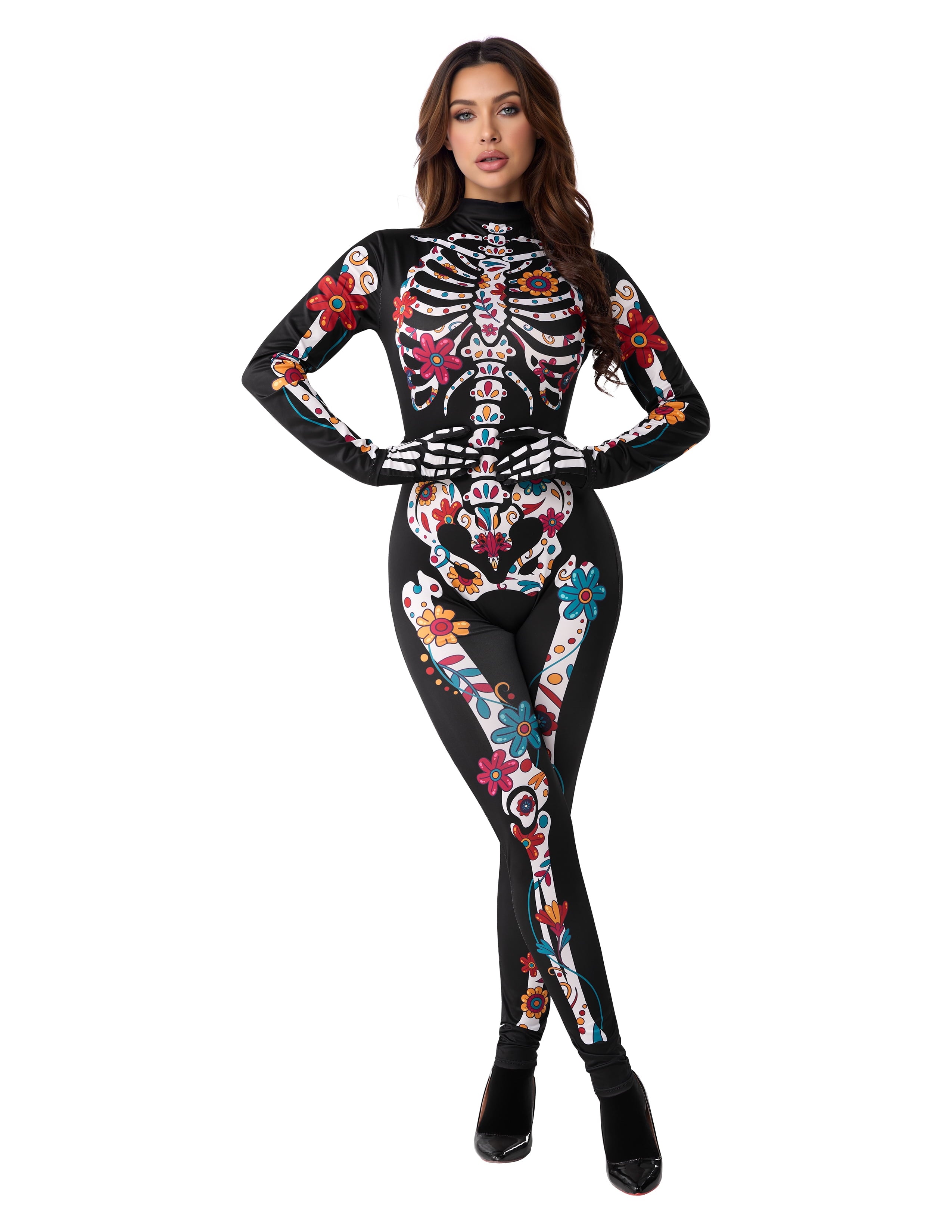 Joyfy Glow in the Dark Skeleton Costume for Adults Women Halloween Dress Up Party Role Playing Cosplay