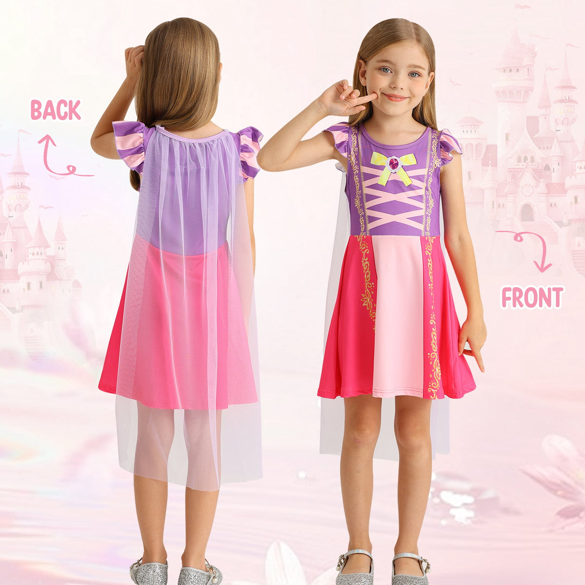Benylion Girls Ice Princess Dress Halloween Cosplay Costumes With Tulle Cape Kids Birthday Party Dress up Outfit for 7-8 Years