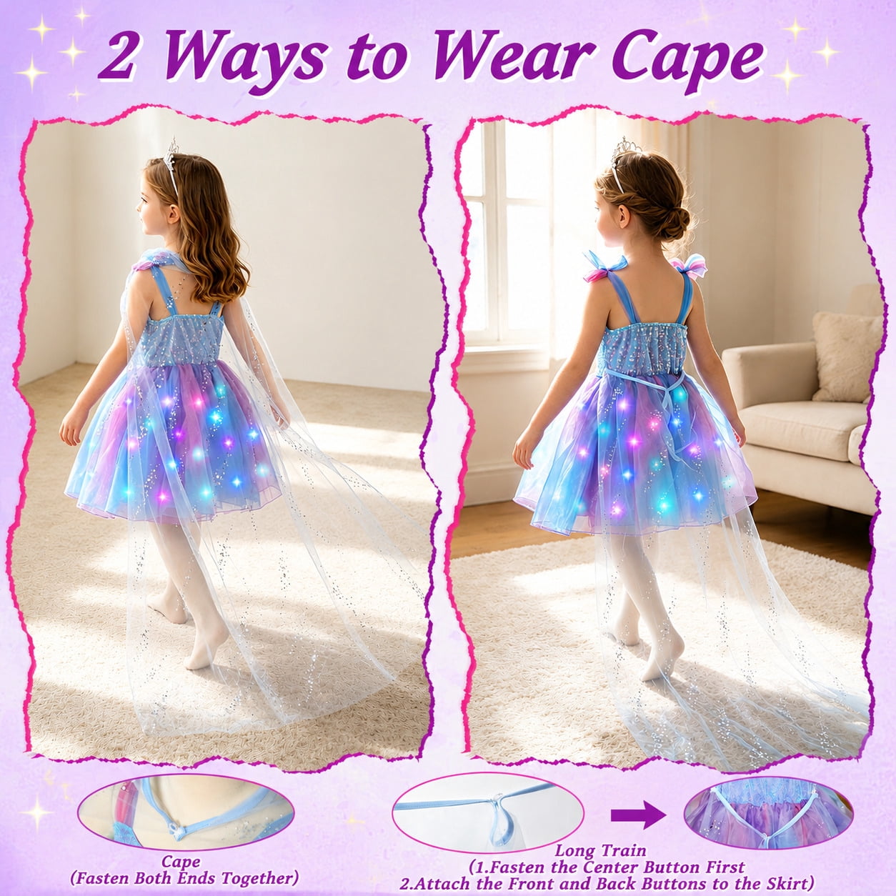 WonderStone Princess Dress for Girls, Fairy Costume Dress-Up with Luxury Accessories, Purple Tutu Outfit for Birthday Parties, Kids & Toddlers Ages 5-6