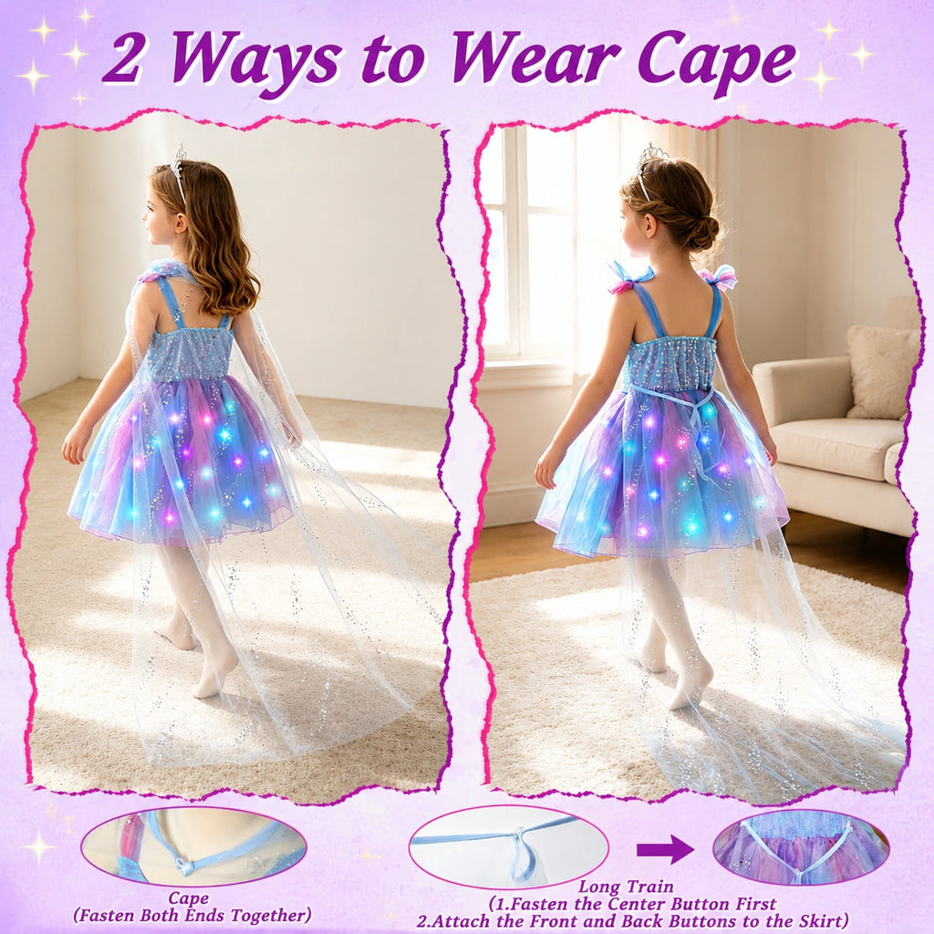 WonderStone Princess Dress for Girls, Light-Up Fairy Costume Dress-Up with Luxury Accessories, Purple Tutu Outfit for Birthday Parties, Kids & Toddlers Ages 5-6