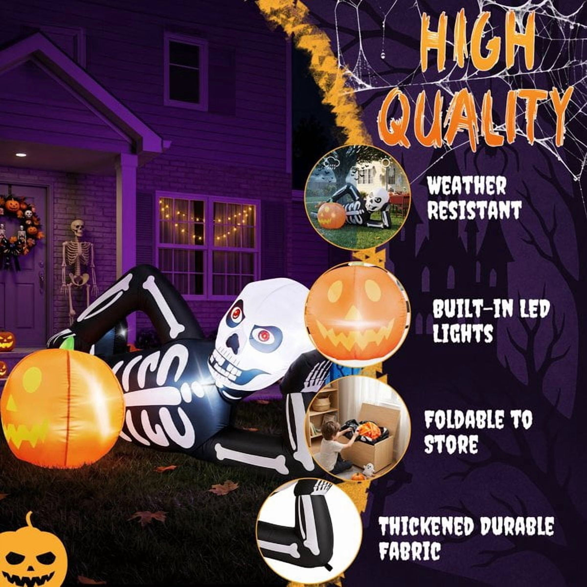Ktaxon 7' Halloween Inflatables Skeleton Outdoor Halloween Decoration Reclining Skeleton with Pumpkin,Built-In LED Lights