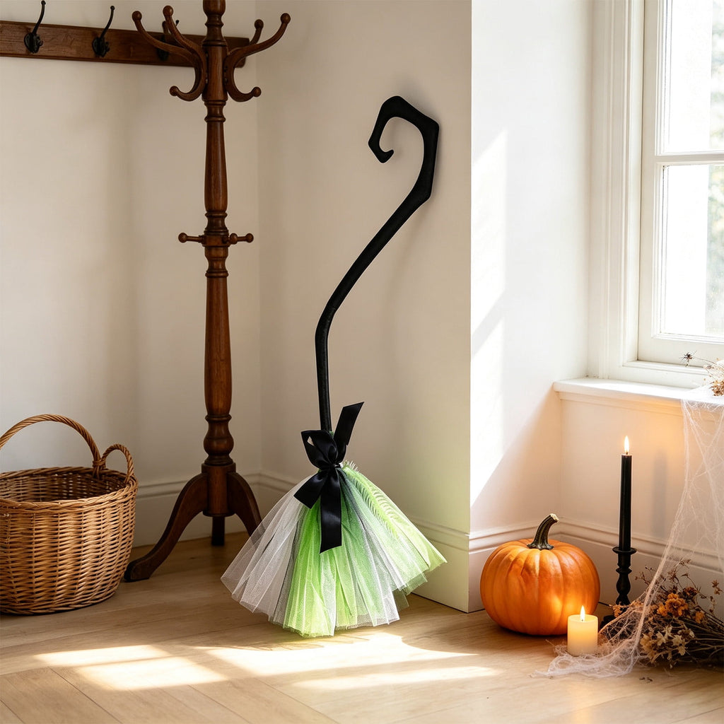 Halloween Witch Broom Cane with Ribbons, 38.2" Witches Broomstick for Wizard Costume Party, Photo Booth Accessory Stage Prop, Halloween Decoration, D
