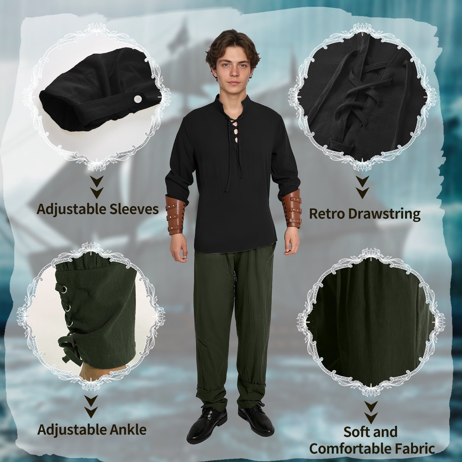 MYATED 5 Pcs Halloween Men's Renaissance Costume Set Medieval Pirate Shirt Ankle Banded Pants Viking Costume Accessories Set,Black,M