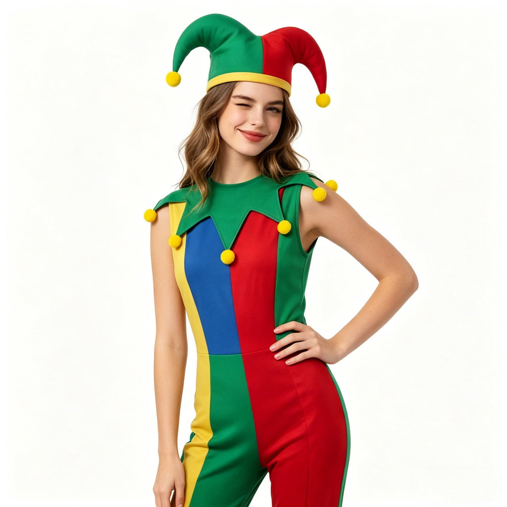 Clown Costume Set for Halloween Cosplay, Multicolor Circus Show Clown One-Piece Outfit Jumpsuit for Halloween Carnival Party Suit, Halloween Costume for Women, M