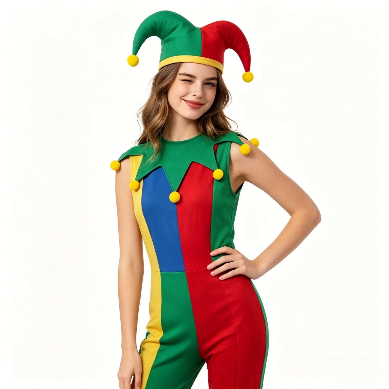 Clown Costume Set for Halloween Cosplay, Multicolor Circus Show Clown One-Piece Outfit Jumpsuit for Halloween Carnival Party Suit, Halloween Costume for Women, M