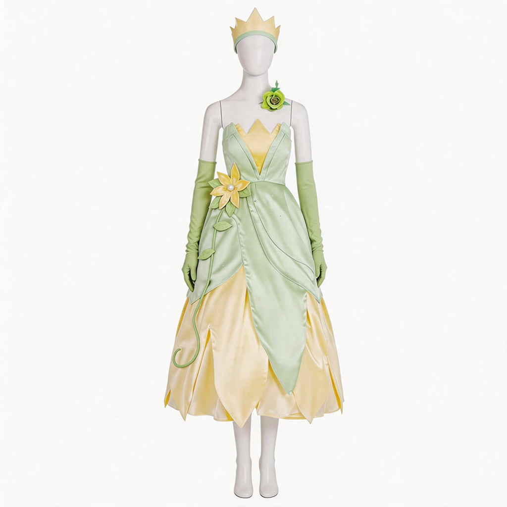 URSOFINE Princess Tiana Costume Women Green Flower Headband Gloves Halloween Fairy Dress Cosplay Outfits