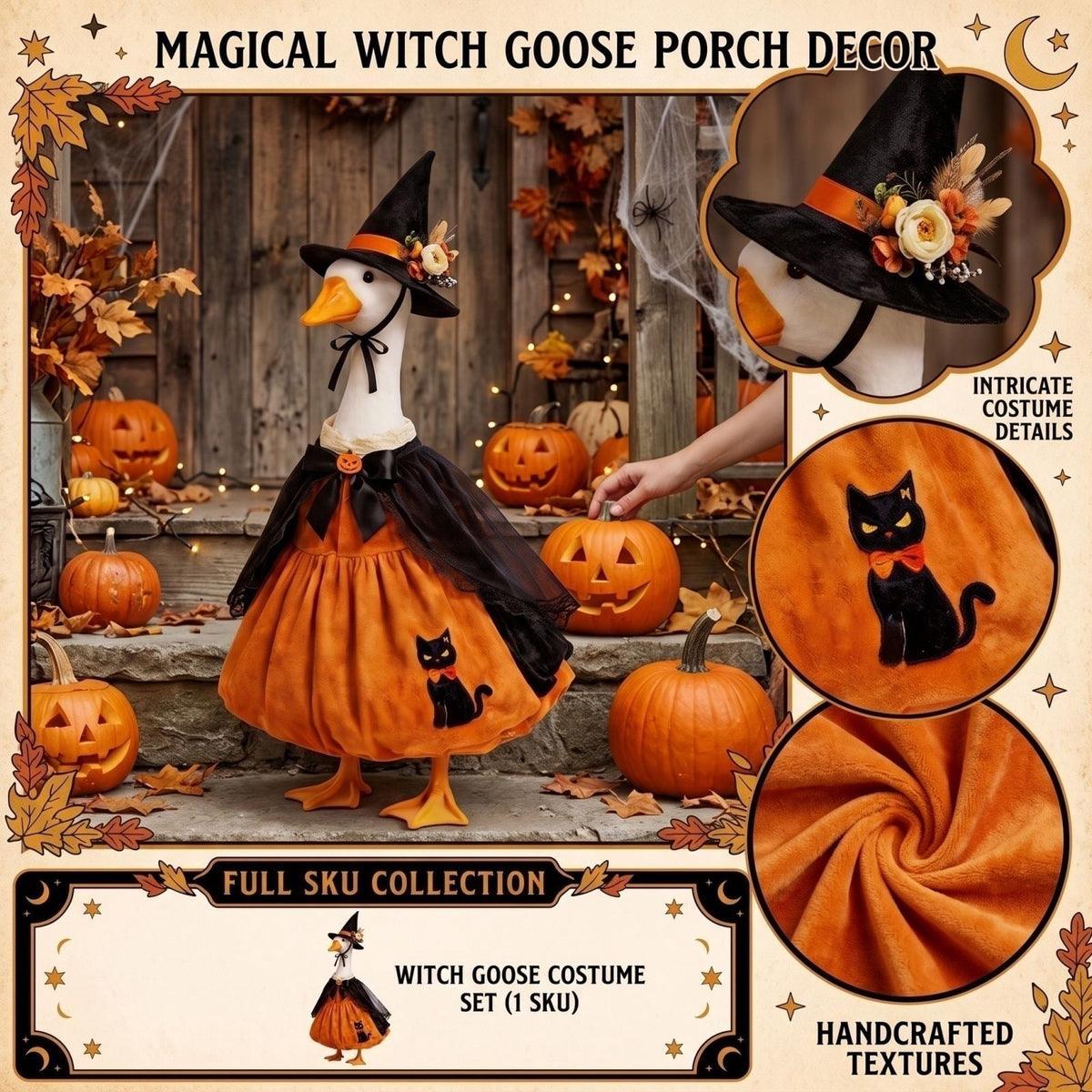 Bat Witch Hat Spiderweb Halloween Goose Clothes Fit 17/23In Cement Plastic Lawn Goose, Stylish Full Set for Outdoor Yard Patio Garden Seasonal Halloween Home Ornamental Arrangement
