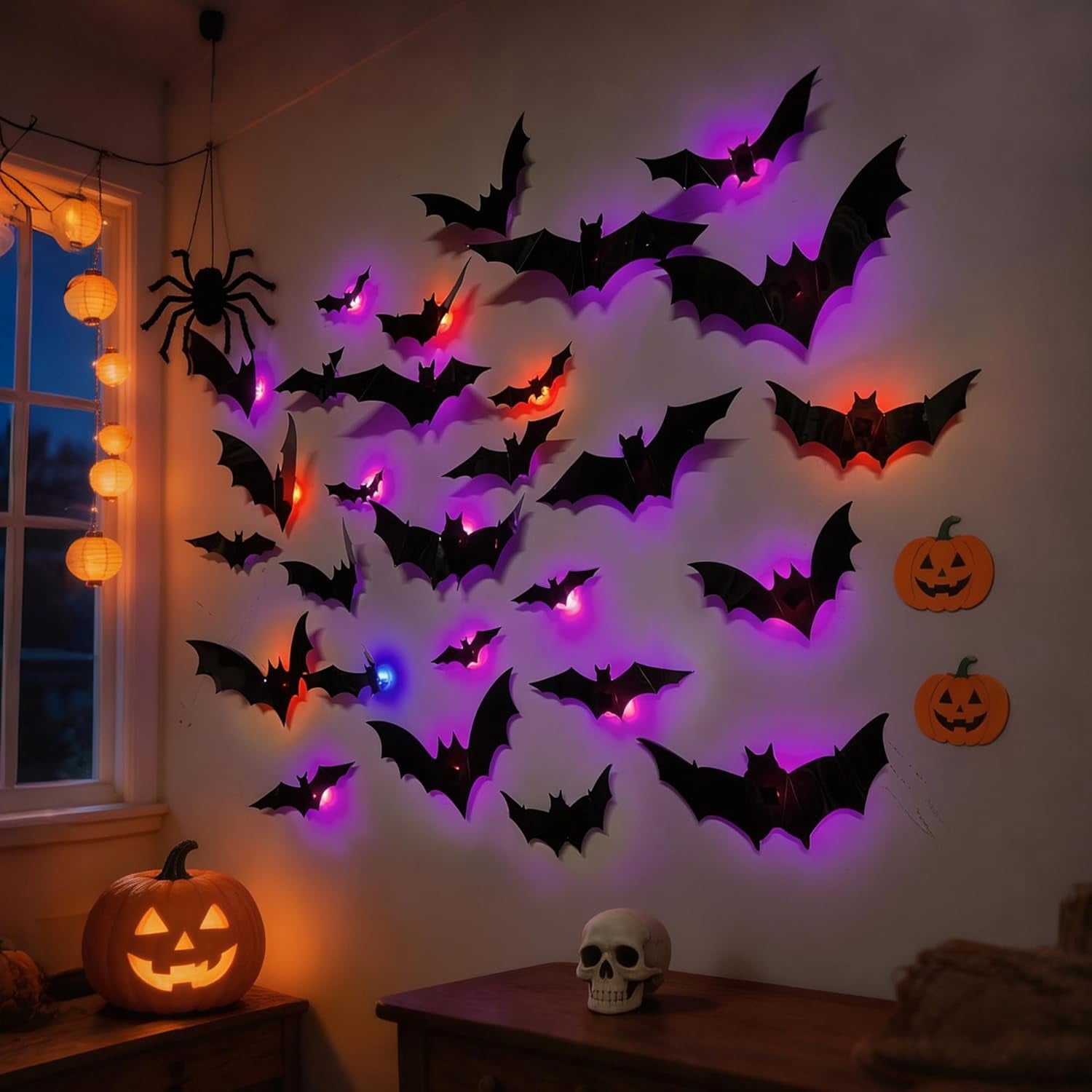 CQHVKQ 60 PCS Halloween Bats Decorations, Realistic 3D LED Bats Wall Stickers Decor, Assorted Size Removable Lighted PVC Bats DIY Wall Sticker for Halloween Party, Bedroom, Home, Indoor and Outdoor
