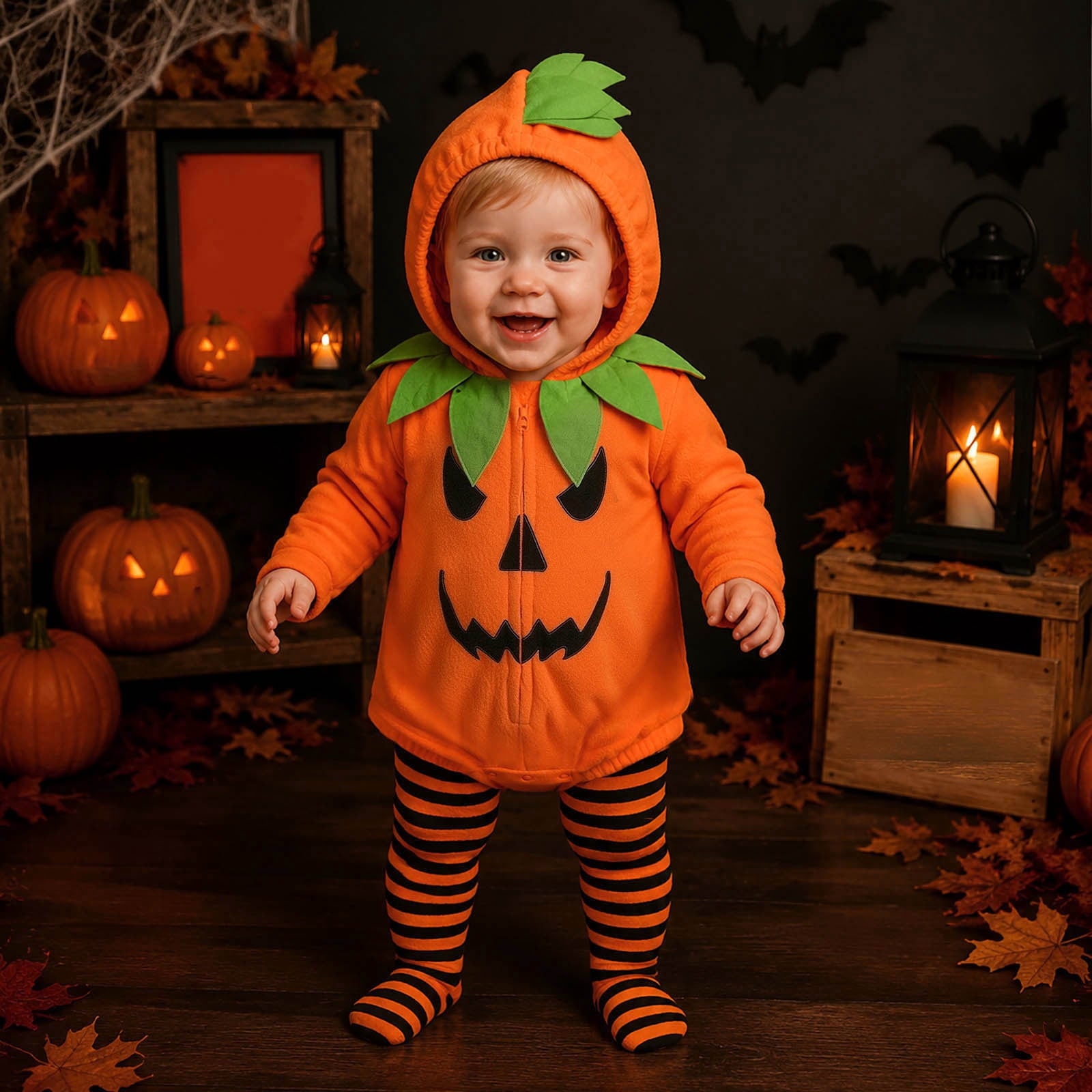 Newborn Infant Cute Jack-O-Lantern Costume Halloween Bodysuit and Striped Leggings Set Fall Holiday Fancy Dress Up Outfit for Boys Girls Party Festival