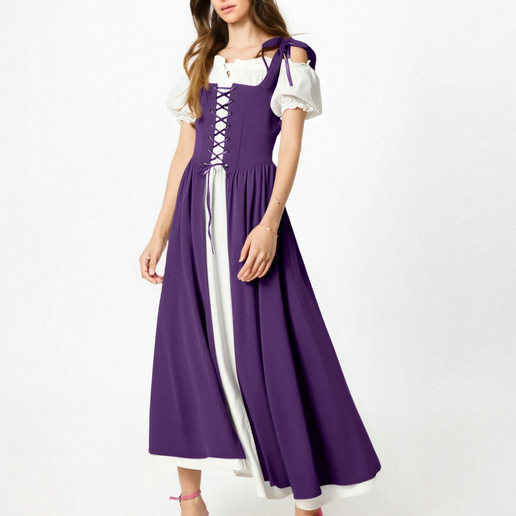 QATAINLAV Renaissance Costume Women Vintage Medieval Dress Cold Shoulder Short Sleeve Peasant Pirate Irish Maxi Dresses, Black, L