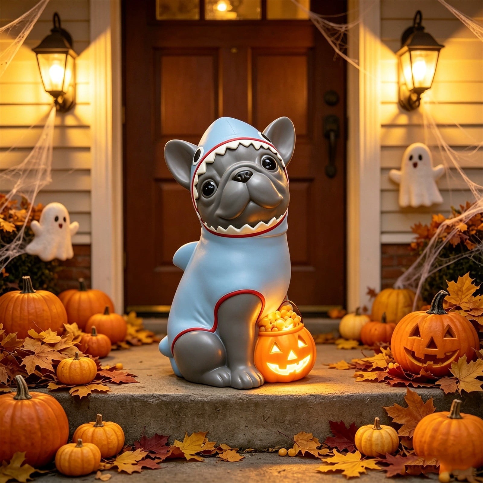 Gray Frenchie in Shark Costume Blow Mold, Halloween French Bulldog Statue with Light Up Pumpkin Decor, Cute Resin Outdoor Indoor Tabletop Dog Ornament, Entryway Patio Yard Decoration, 8"