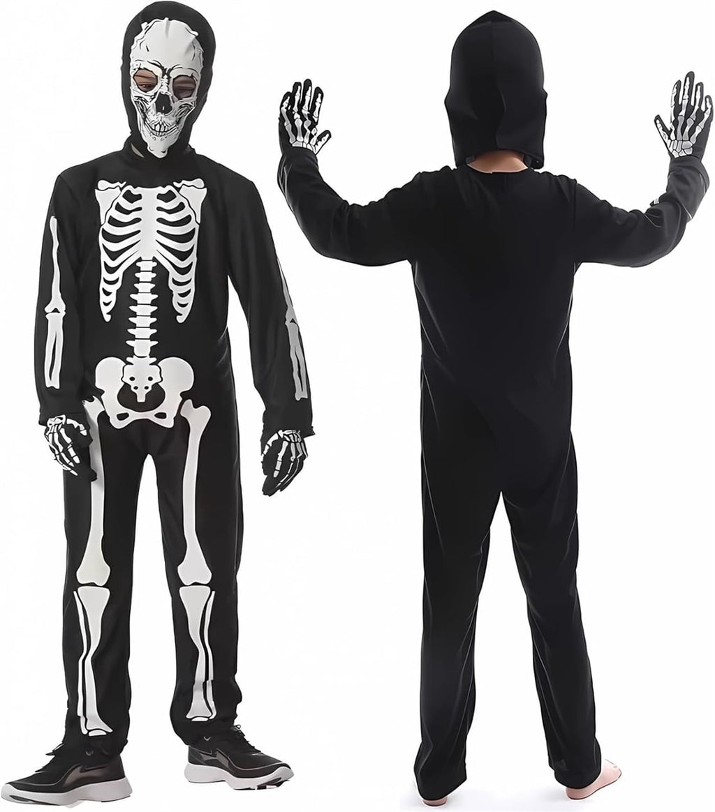WIBACKER Kids Skeleton Halloween Costume, Glow in The Dark Halloween Cosplay Onesie for Boys and Girls, Jumpsuit + Gloves + Hood Mask