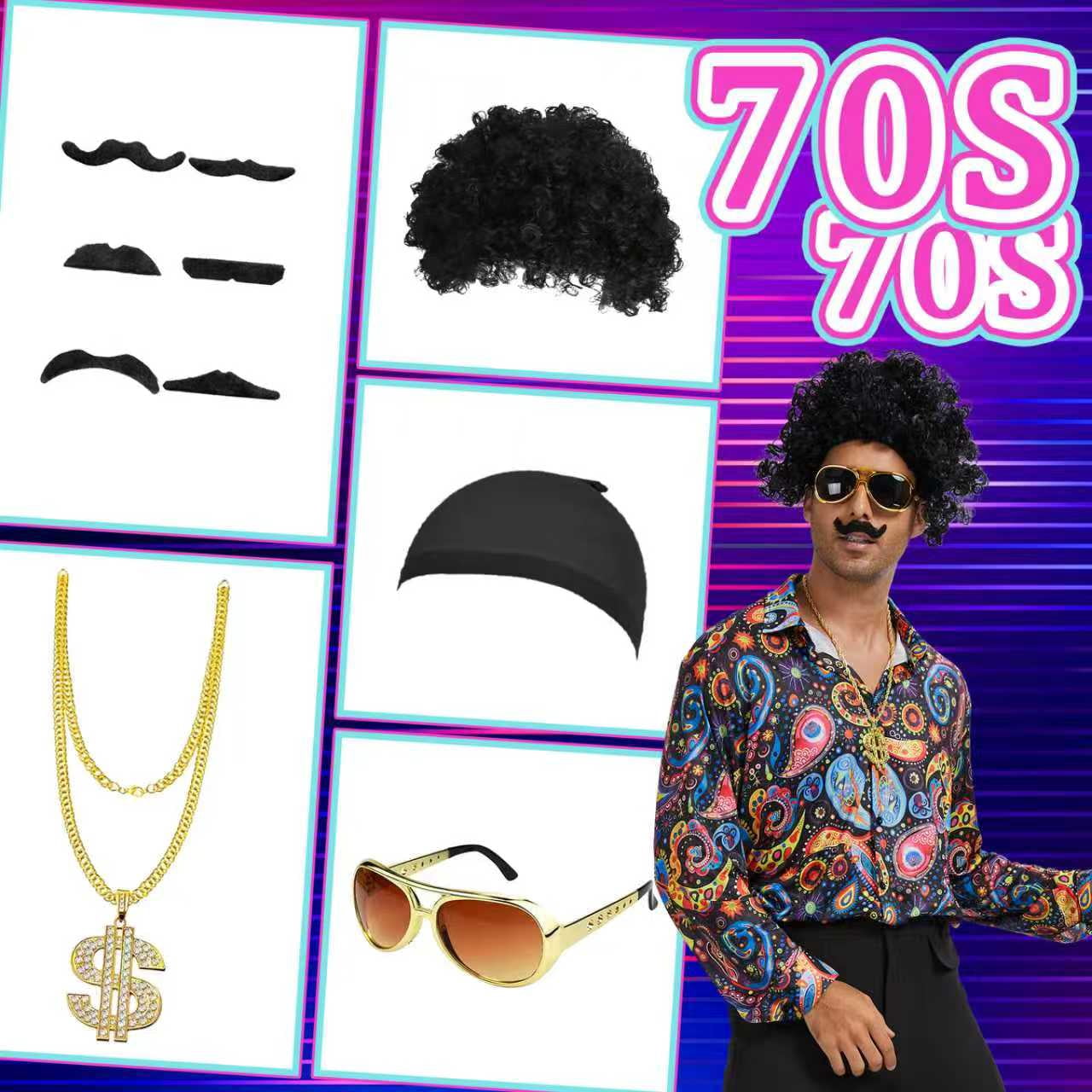 MYATED 70s Disco Costume for Men 6 Pcs Dance Bell Bottom Pants Retro Shirts Wigs Sunglasses Necklace Shirts for Disco Party (Black,L)